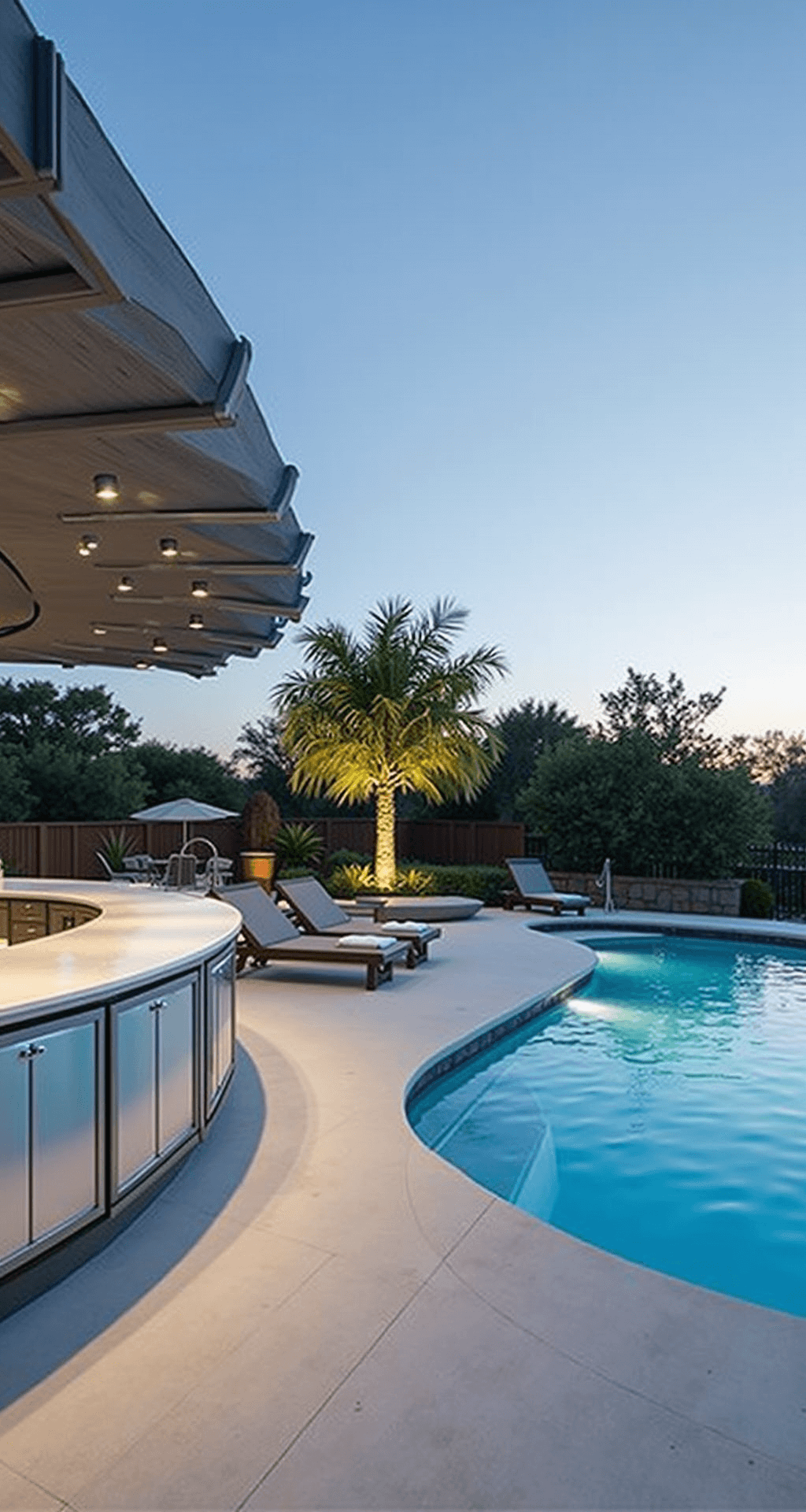 Contemporary circular poolside kitchen featuring curved glass windbreaks, white quartz countertops, stainless steel appliances, and a floating steel pergola with retractable shade, set against a pool backdrop in cool blue and white tones.