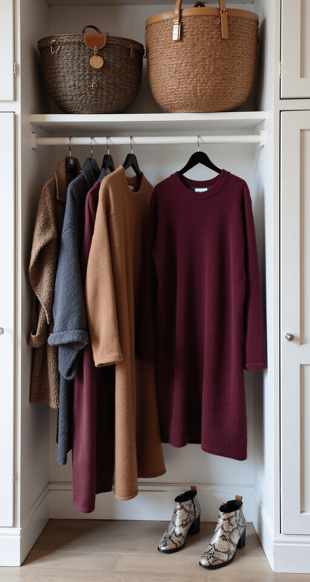 A modern walk-in closet featuring white built-ins illuminated by soft mid-morning light, showcasing a collection of plus-size winter essentials, including a burgundy sweater dress on a velvet hanger, snake-print ankle boots below, and metallic accessories adding a touch of elegance.