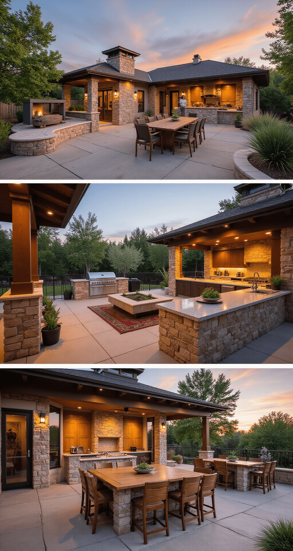 Family-friendly outdoor kitchen at sunset, featuring a 450 sq ft split-level design with distinct cooking and dining zones, stone veneer base cabinets, granite countertops, kid-safe rounded corners, and non-slip flooring. Multiple prep stations and a teaching area are included, along with a built-in herb garden and pizza station, all beautifully captured with a shallow depth of field and warm earth tones accented by garden colors.