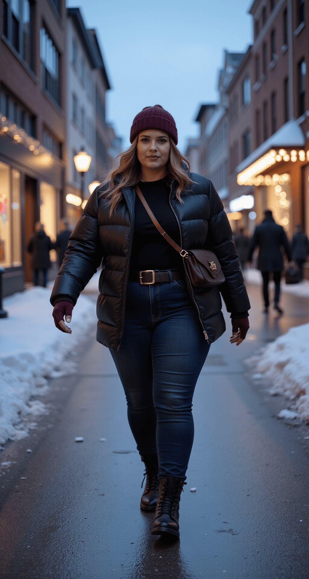 A plus-size model in motion on snowy city streets during blue hour, wearing a black puffer jacket with a defined waist, dark wash high-waisted jeans, and platform combat boots. She accessorizes with a burgundy beanie, matching leather gloves, and a crossbody bag, surrounded by a dreamy urban atmosphere with bokeh from street lights and shop windows. Shot from street level, showcasing natural movement.