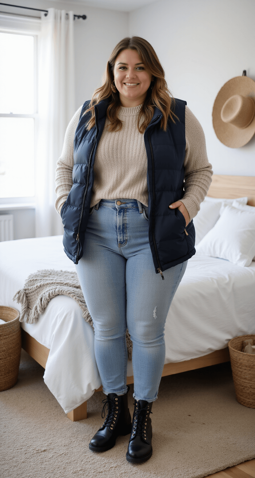 A bright, airy Scandinavian-style bedroom showcasing a plus-size fashion blogger's weekend outfit of high-waisted light wash jeans, a chunky oatmeal turtleneck, and a quilted navy puffer vest, with black combat boots nearby. The image is shot from above at a 45-degree angle, highlighting the neutral textured backdrop with white linens and woven accessories.