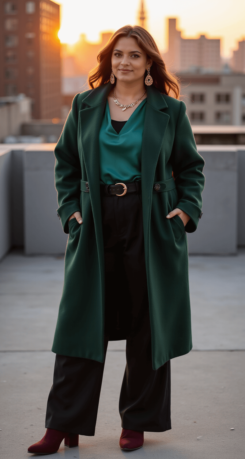 Plus-size model in a deep forest green belted wool coat over a silk-touch thermal top and wide-leg black trousers stands on an industrial-chic rooftop at sunset. The scene features warm golden hour light, statement gold jewelry, and burgundy block-heel boots, with a city skyline backdrop, captured from slightly below eye level using an 85mm lens at f/2.0 in a high-fashion editorial style.