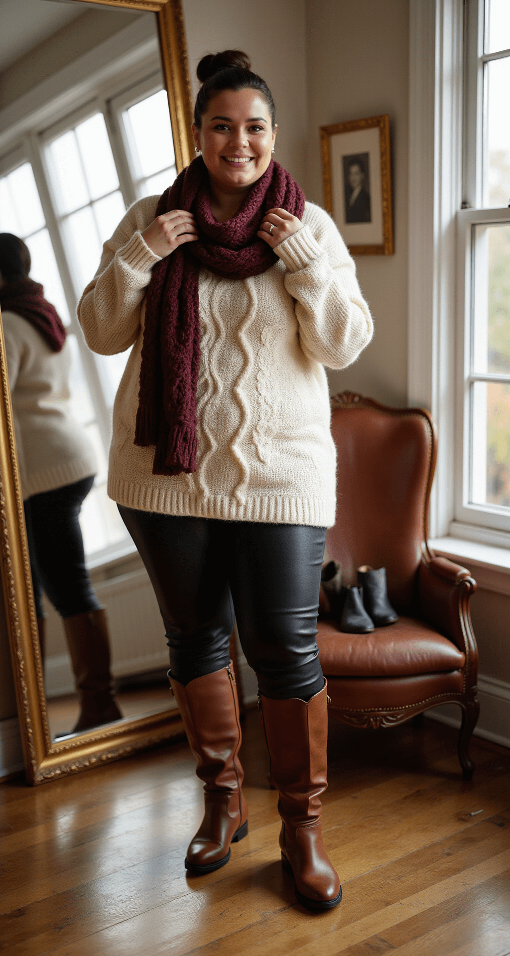 A plus-size model in an oversized cream cable-knit sweater, high-waisted black faux leather leggings, and brown knee-high boots styles her outfit in a sunlit living room corner, adjusting a chunky knit burgundy scarf in front of a full-length mirror, with a vintage leather armchair nearby displaying winter accessories.
