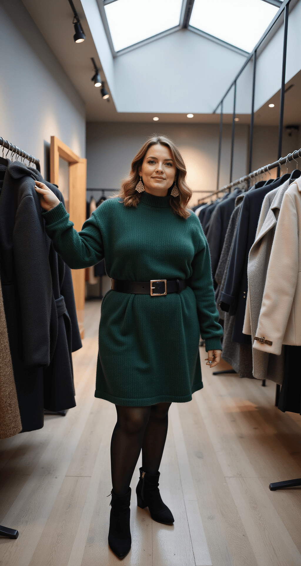 A plus-size model in a forest green sweater dress, cinched with a black belt, browses a rack of wool coats in a modern minimalist boutique with soft skylight lighting. She accessorizes with gold geometric earrings and has natural makeup and soft wavy hair. The wide-angle shot highlights the luxurious retail interior.