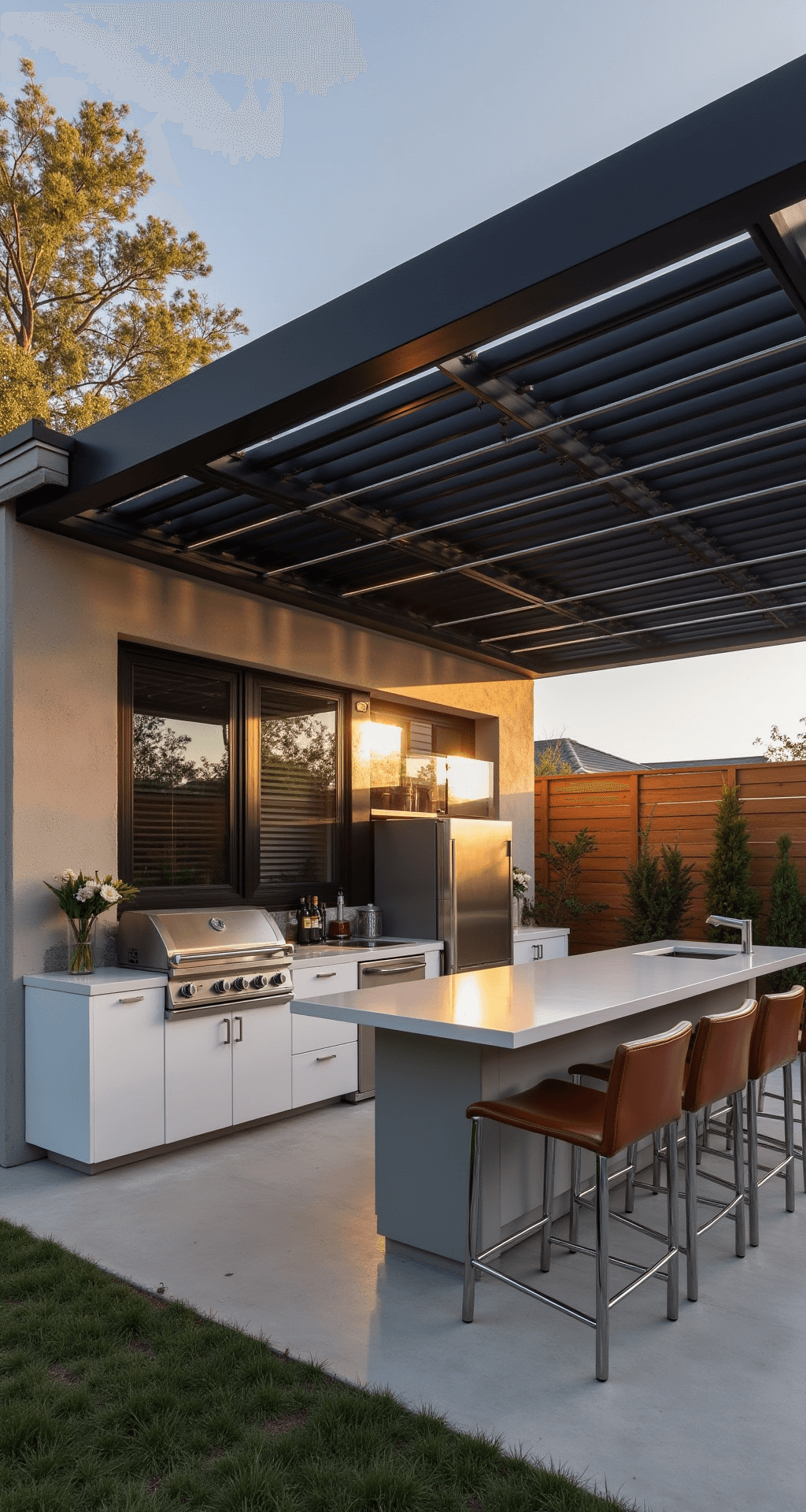 A modern minimalist outdoor kitchen under a matte black aluminum pergola, featuring sleek white quartz countertops, brushed stainless steel appliances, and a U-shaped layout with a built-in grill and undermount refrigerator. Warm golden hour light filters through pergola slats, casting dramatic shadows on polished concrete flooring, with minimalist bar seating in chrome and leather.
