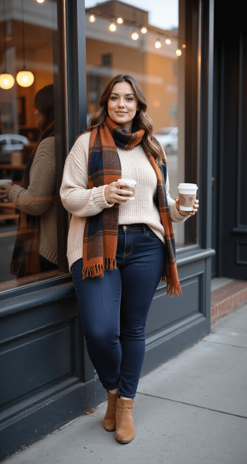A plus-size model in a cozy oatmeal turtleneck sweater and dark wash high-rise jeans, layered with a rust and navy plaid blanket scarf, holds a coffee cup while seated in a charming urban cafe during golden hour. The image is taken through the storefront window, showcasing warm interior lights and a city reflection, shot from street level with a 50mm lens.