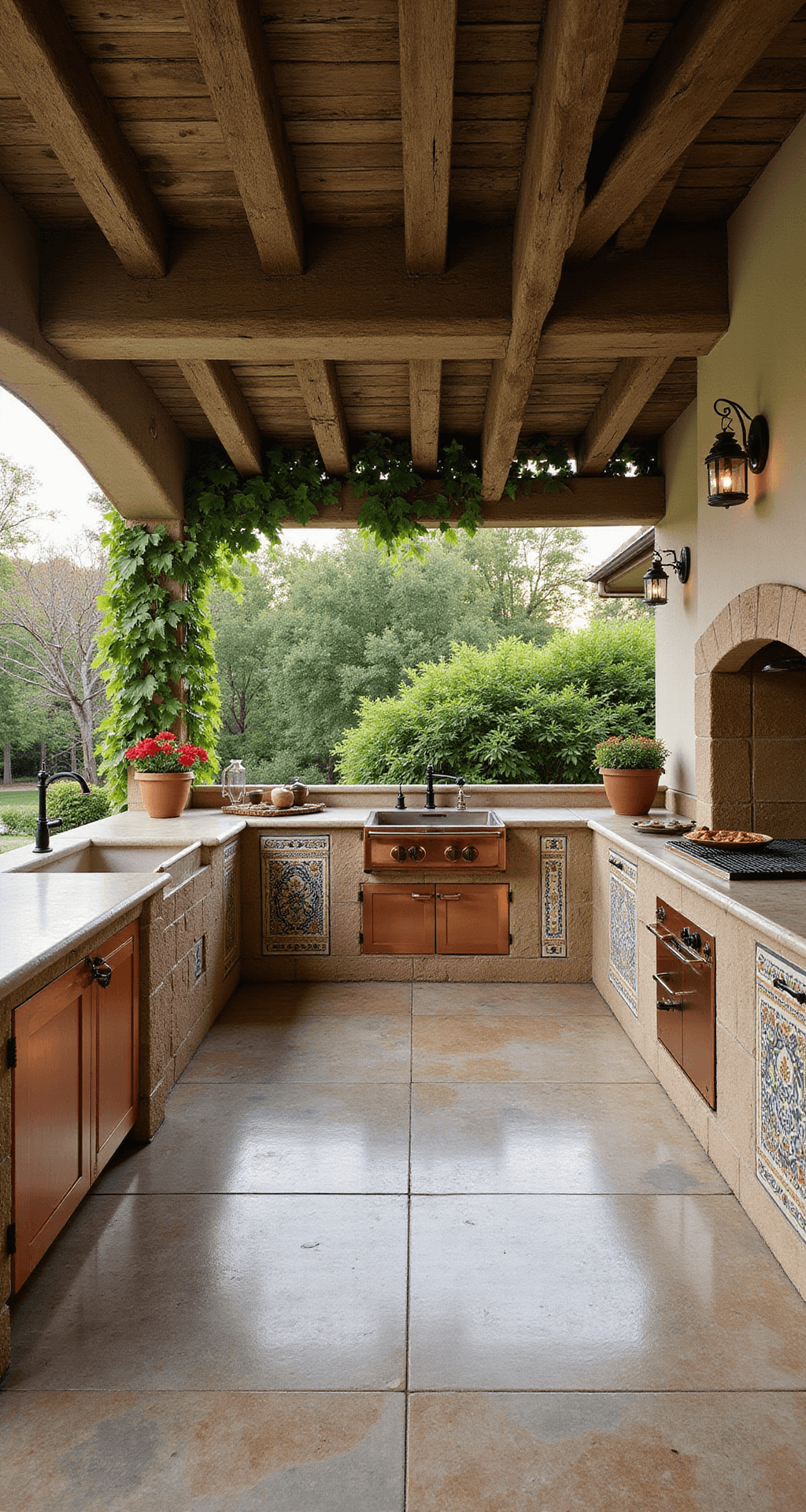 A sunny Mediterranean villa kitchen with a rustic wooden pergola adorned with climbing vines, featuring textured travertine countertops, a pizza oven with copper accents, hand-painted tiles, and wrought iron details, surrounded by terracotta pots and vintage lanterns.