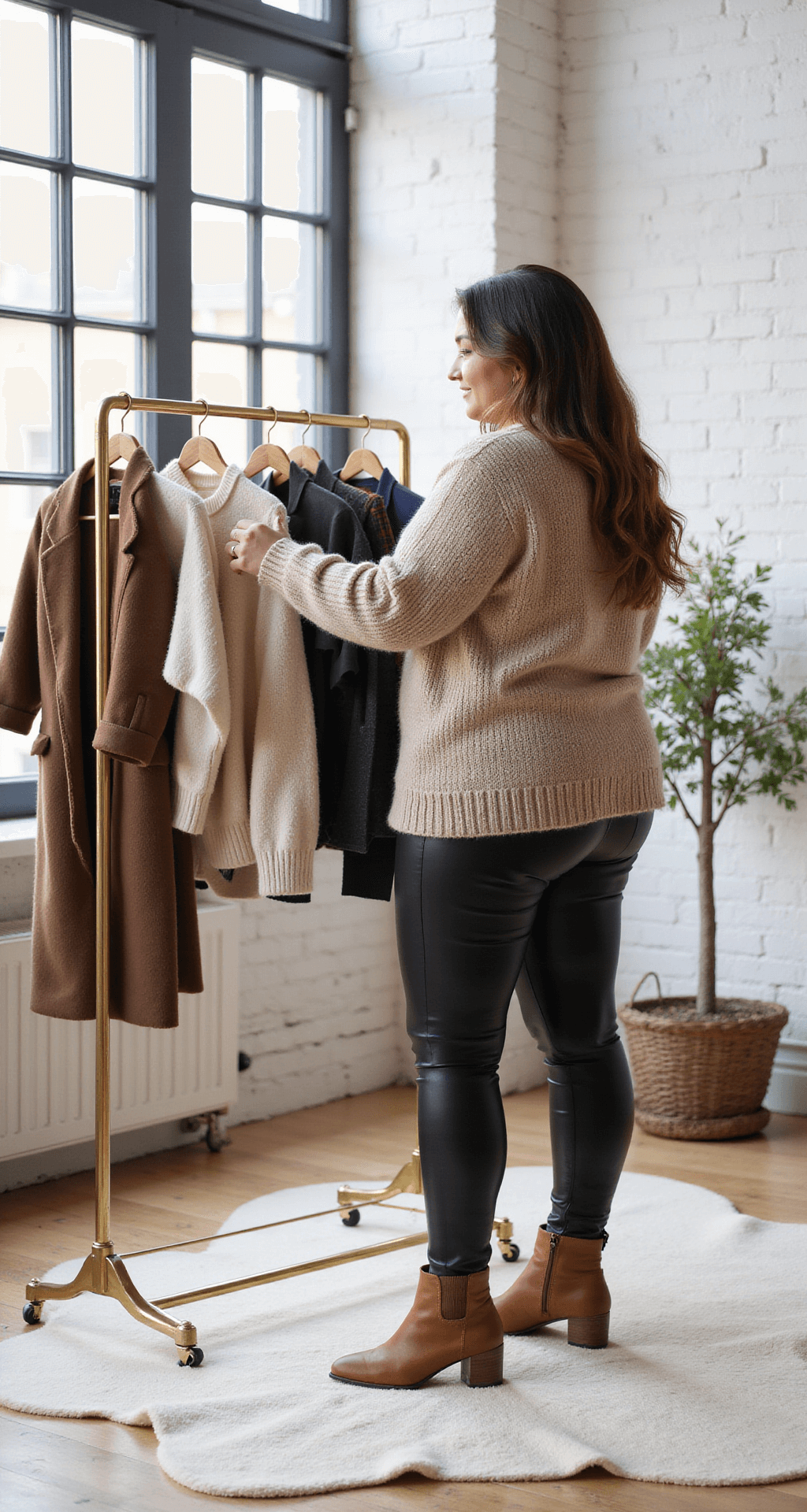 Bright home studio with white brick walls, featuring a plus-size model organizing a winter capsule wardrobe on a brass rack. Oversized knits, leather leggings, and statement coats are showcased in soft natural light from industrial windows. Close-up of luxe textures and layered pieces with flatlay styling elements in the foreground.