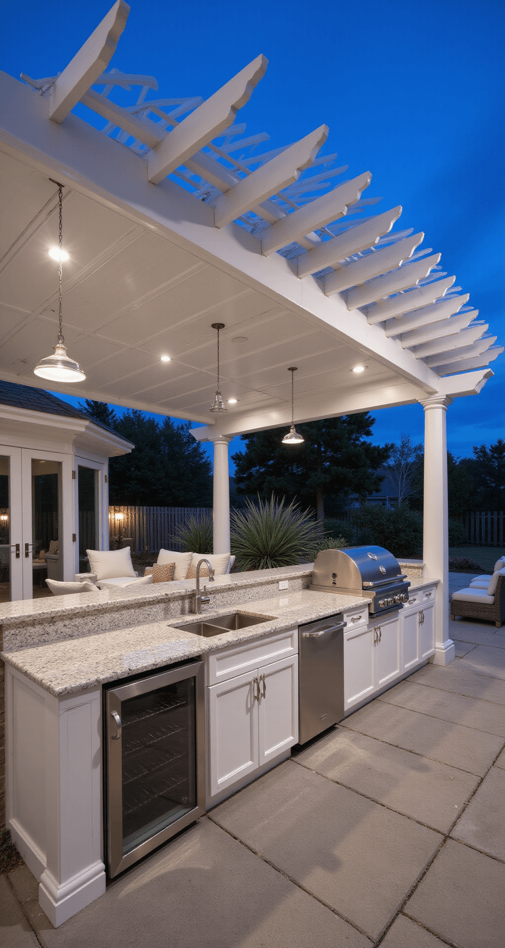 Outdoor kitchen pavilion at twilight featuring a white vinyl pergola with louvered roof, granite cooking station, pearl-white cabinetry, marine-grade appliances, and built-in wine fridge, elegantly designed with ambient lighting and weathered teak furniture for a coastal luxury vibe.