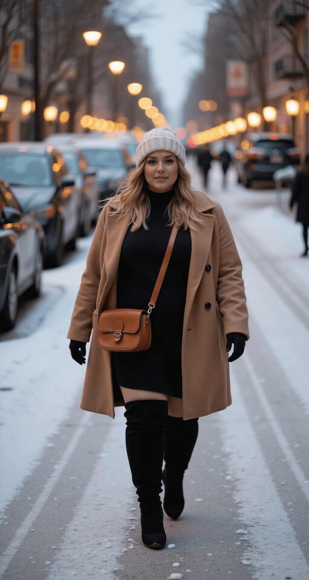 A plus-size model walks candidly down a snow-covered city street at dusk, wearing a camel wool coat over a black sweater dress and over-the-knee boots, accessorized with a cream knit beanie and a leather crossbody bag; twinkling street lights and a motion-blurred winter atmosphere create an urban fashion vibe.