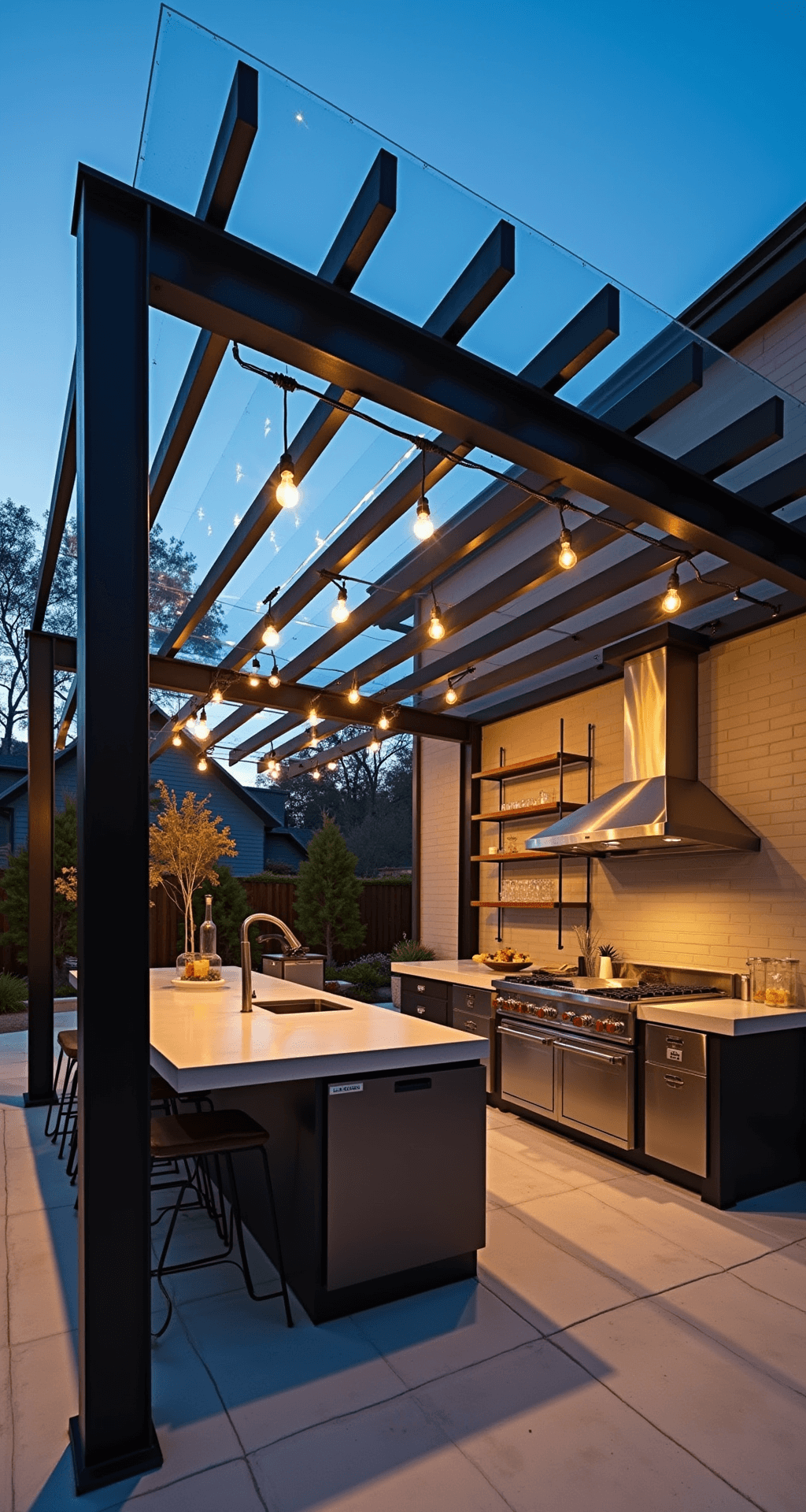 Industrial chic outdoor kitchen under a powder-coated steel pergola, featuring concrete countertops, professional cooking station, and exposed ductwork, illuminated by dramatic uplighting and Edison bulb string lights during blue hour.