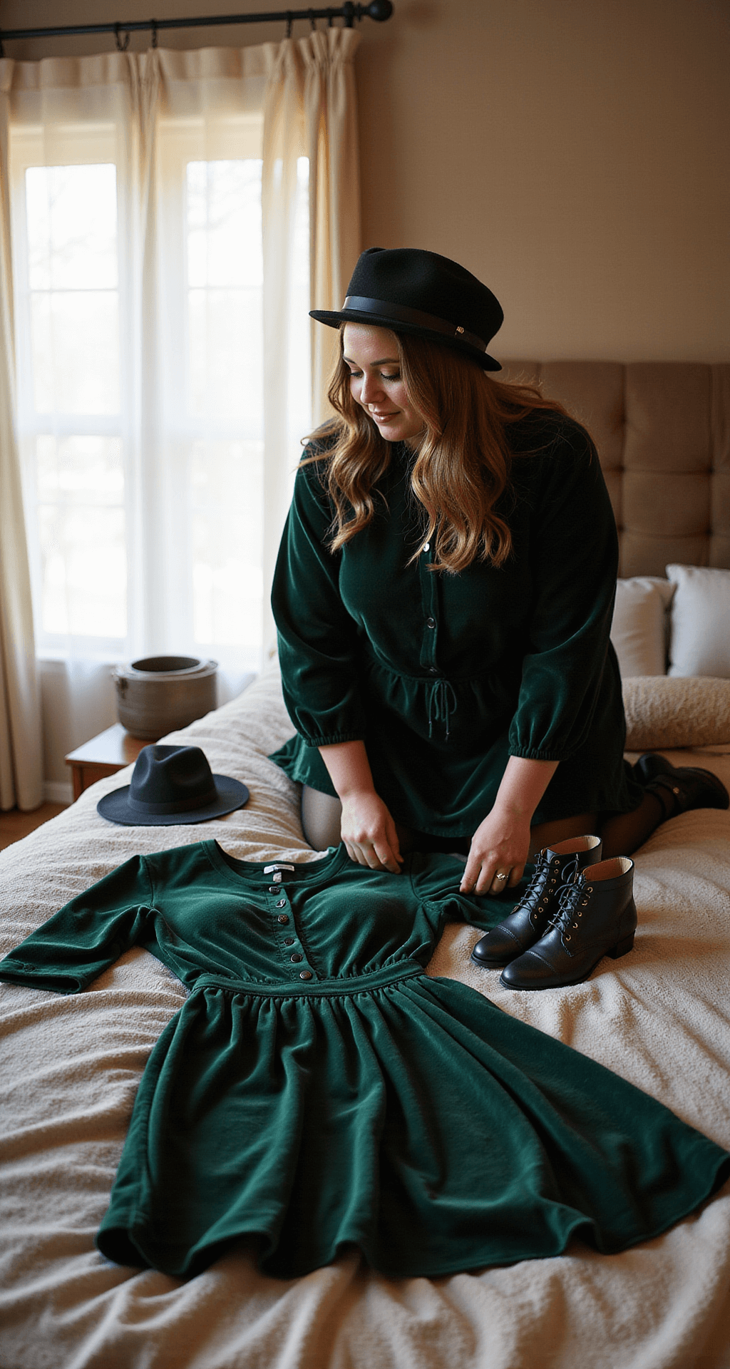 Cozy bedroom with morning light filtering through sheer curtains; a plus-size model preparing a winter outfit on a bed, featuring an emerald velvet dress, black tights, Victorian-style ankle boots, and vintage-inspired accessories, all set in a warm, intimate atmosphere with soft focus.