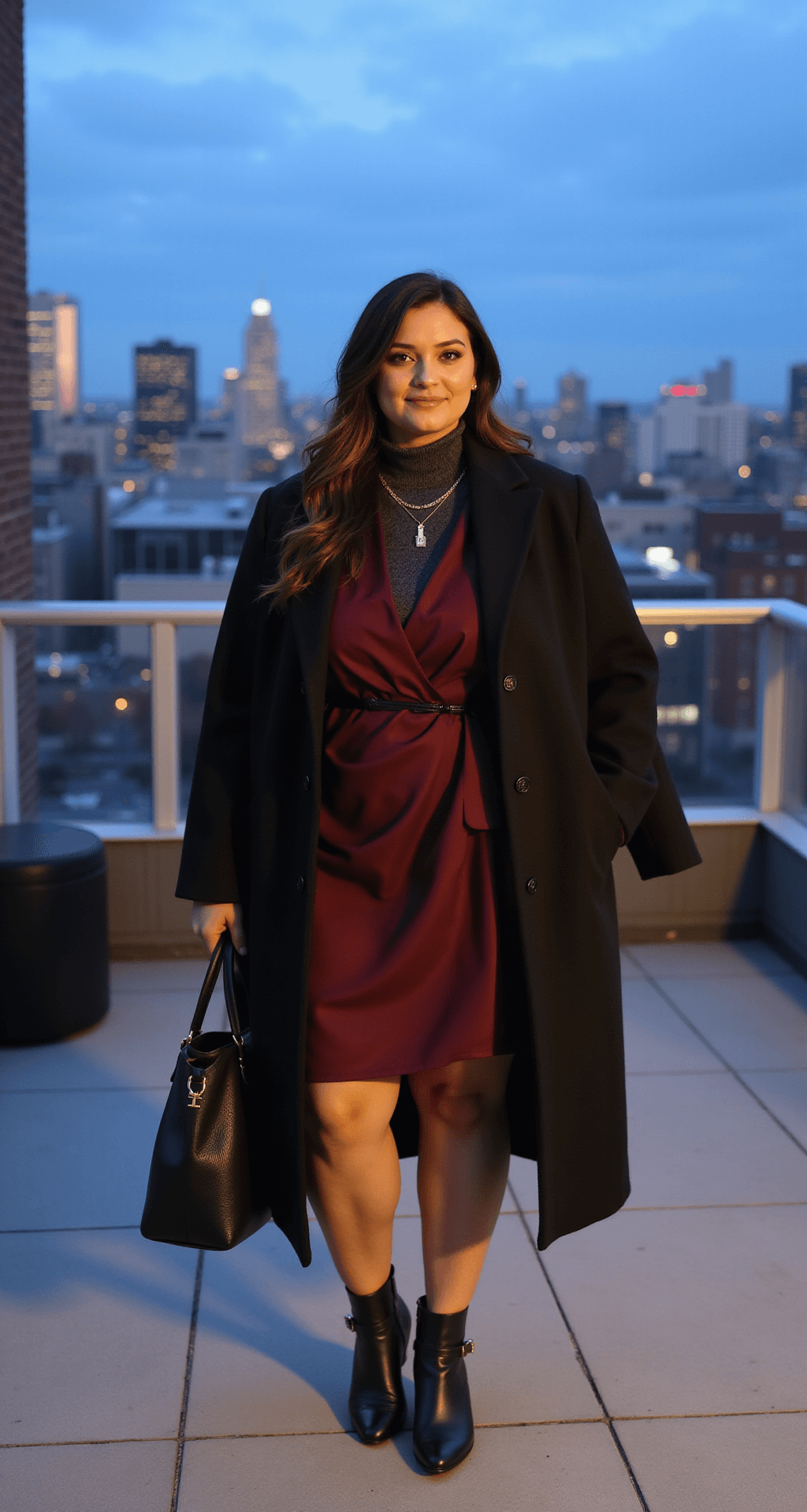 A plus-size model stands on a modern rooftop terrace, showcasing a layered winter outfit with a charcoal turtleneck under a burgundy wrap dress, complemented by a black wool coat and heeled Chelsea boots. The city skyline glows in the background during blue hour, while she accessorizes with mixed metal jewelry and carries a sleek leather tote, embodying urban sophistication with professional lighting and a subtle rim light effect.