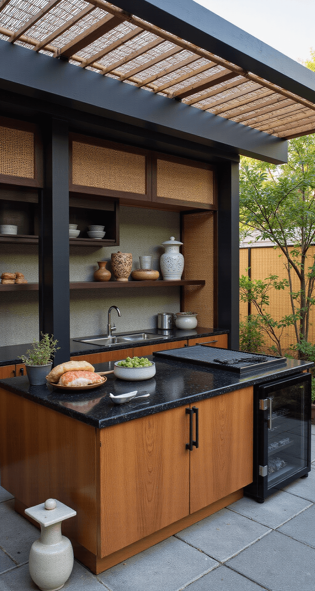 A contemporary Asian-inspired zen kitchen featuring dark wooden beams and bamboo details, equipped with black granite countertops, a teppanyaki grill, and shou sugi ban cabinets, surrounded by natural bamboo screening and adorned with stone lanterns and Japanese maples.