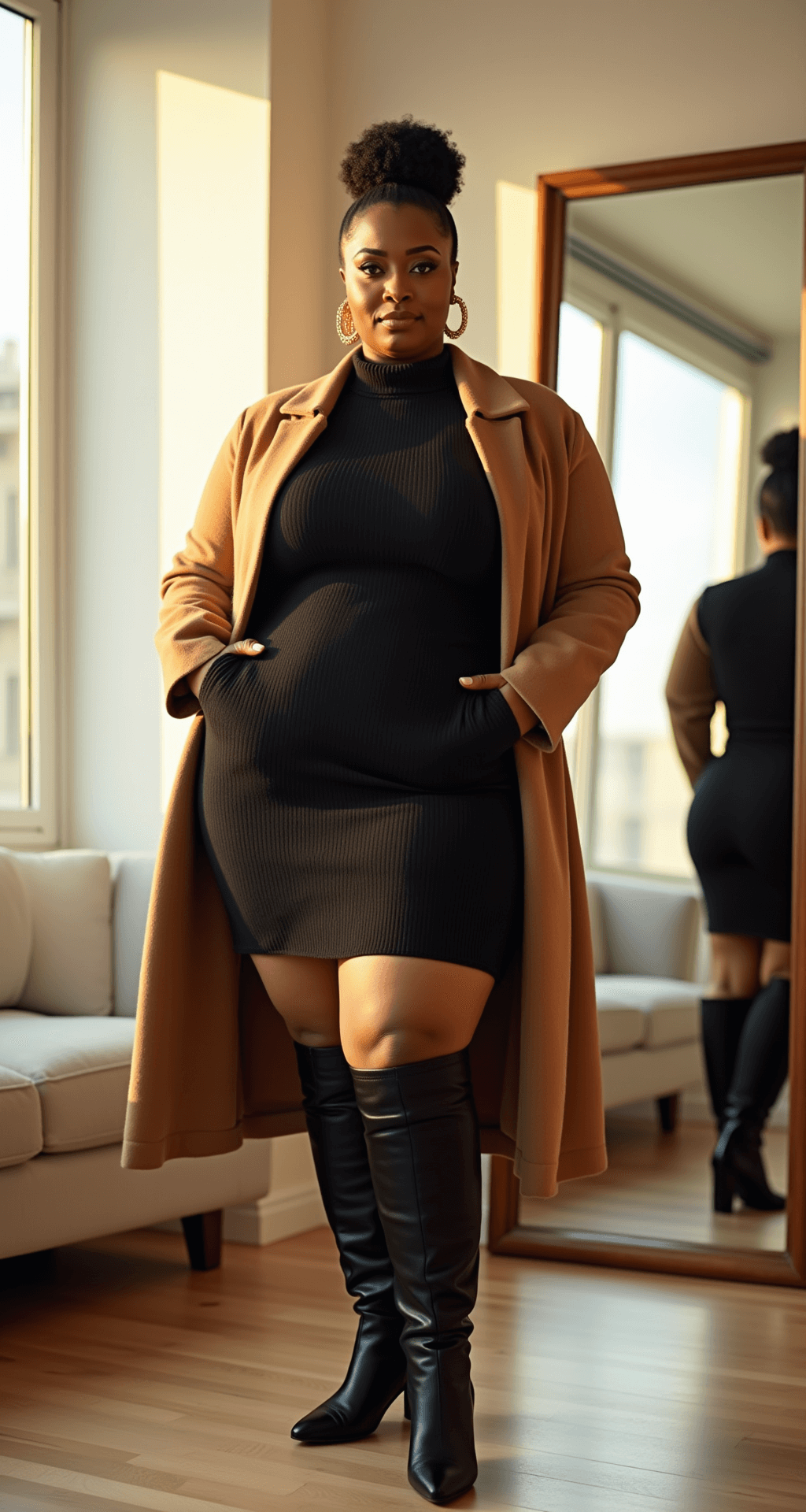 A confident plus-size Black woman in a black turtleneck sweater dress and knee-high black leather boots stands near a full-length mirror in a sun-filled modern apartment living room, sunlight streaming through floor-to-ceiling windows. She's styling a luxurious camel wool coat and wearing bold gold statement earrings, with her natural hair in a sleek updo and glossy nude lip makeup. The room has minimalist decor with white walls and warm wood accents, captured with shallow depth of field.