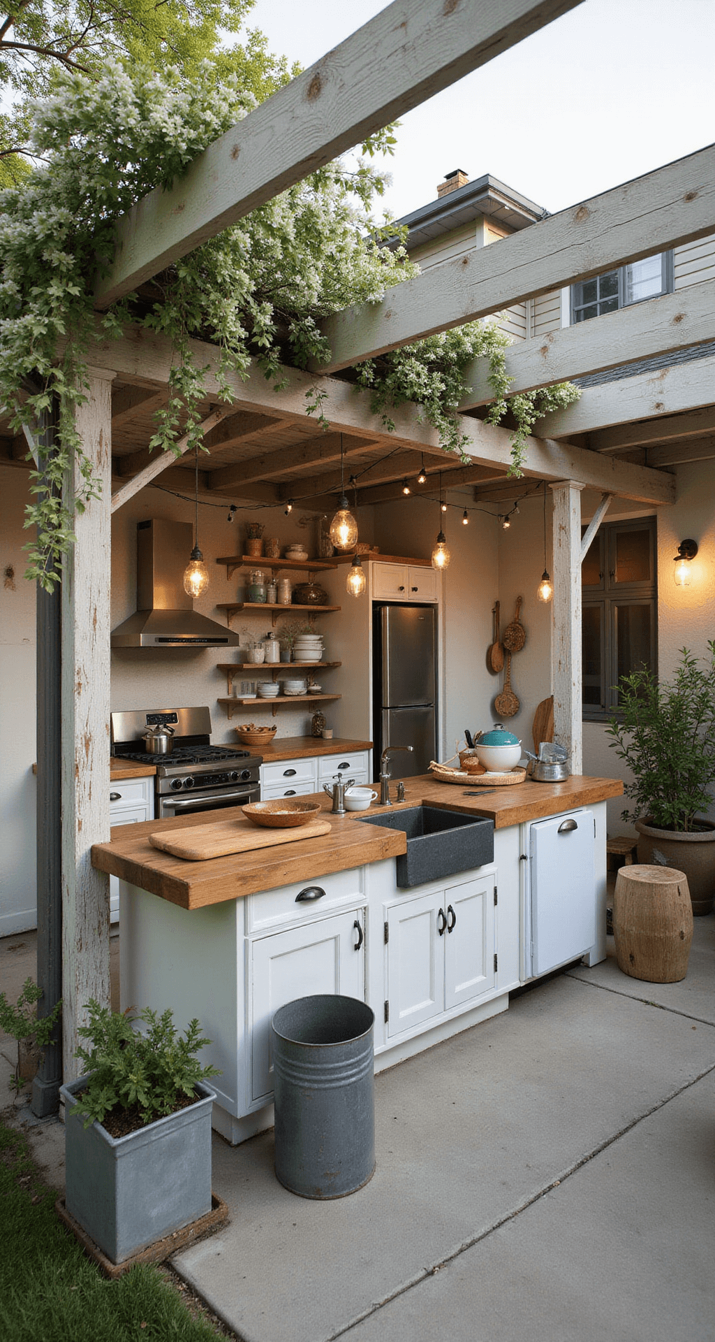 Rustic outdoor kitchen with reclaimed timber pergola, flowering jasmine, butcher block and soapstone countertops, farmhouse sink, vintage appliances, L-shaped layout, open shelving with enamelware, string lights, mason jar pendants, galvanized metal accents, and herb gardens, captured in late afternoon light.