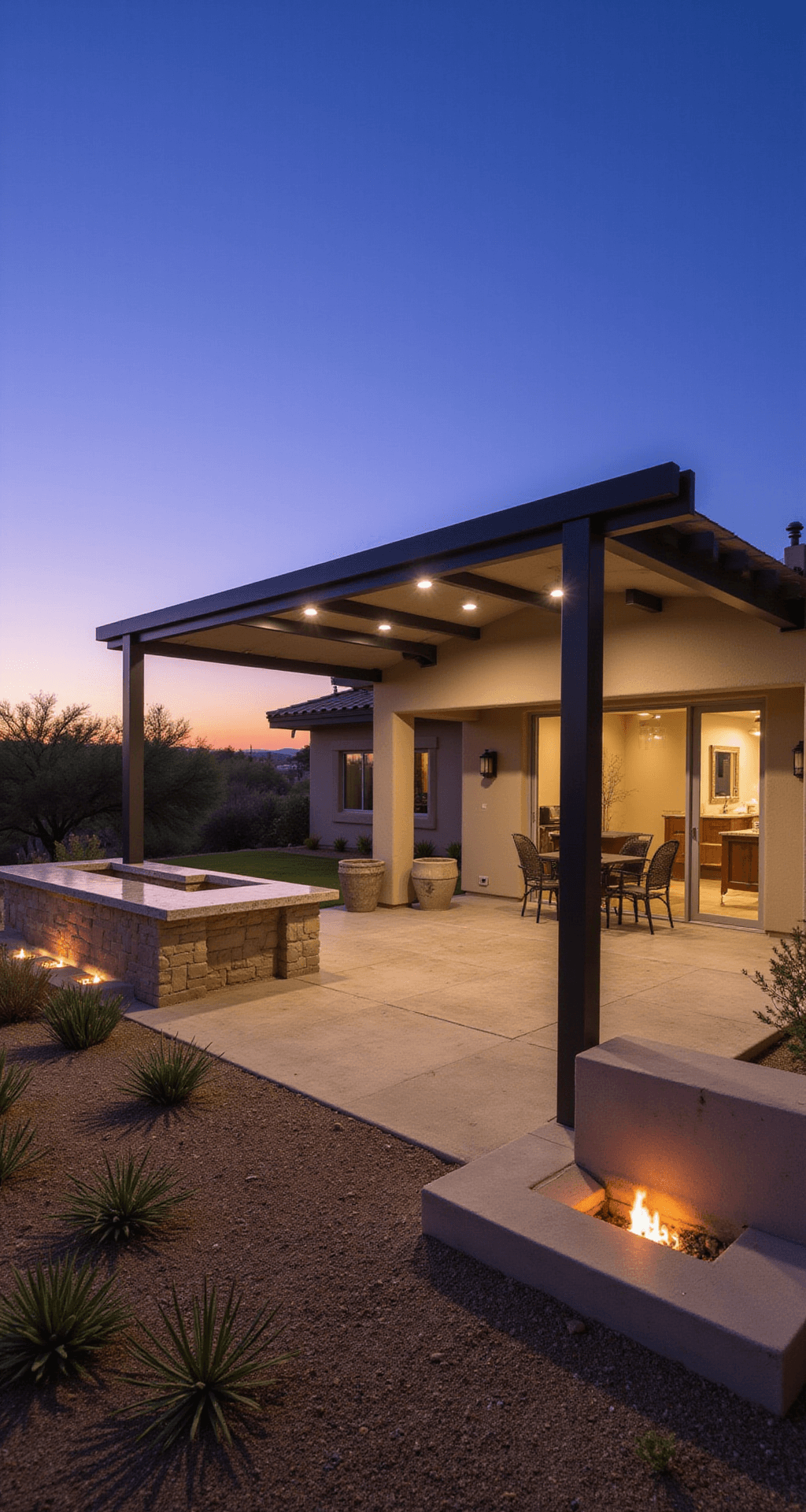 A contemporary outdoor entertainment space in a desert oasis, featuring a stylish aluminum and steel pergola with motorized shade panels, quartzite countertops, built-in fire features, and a smoker station, designed in a U-shape with cooling misters. The scene is captured at sunset from an elevated angle, showcasing uplighting and integrated LED systems that enhance the ambiance, along with succulent gardens and weathered copper accents.