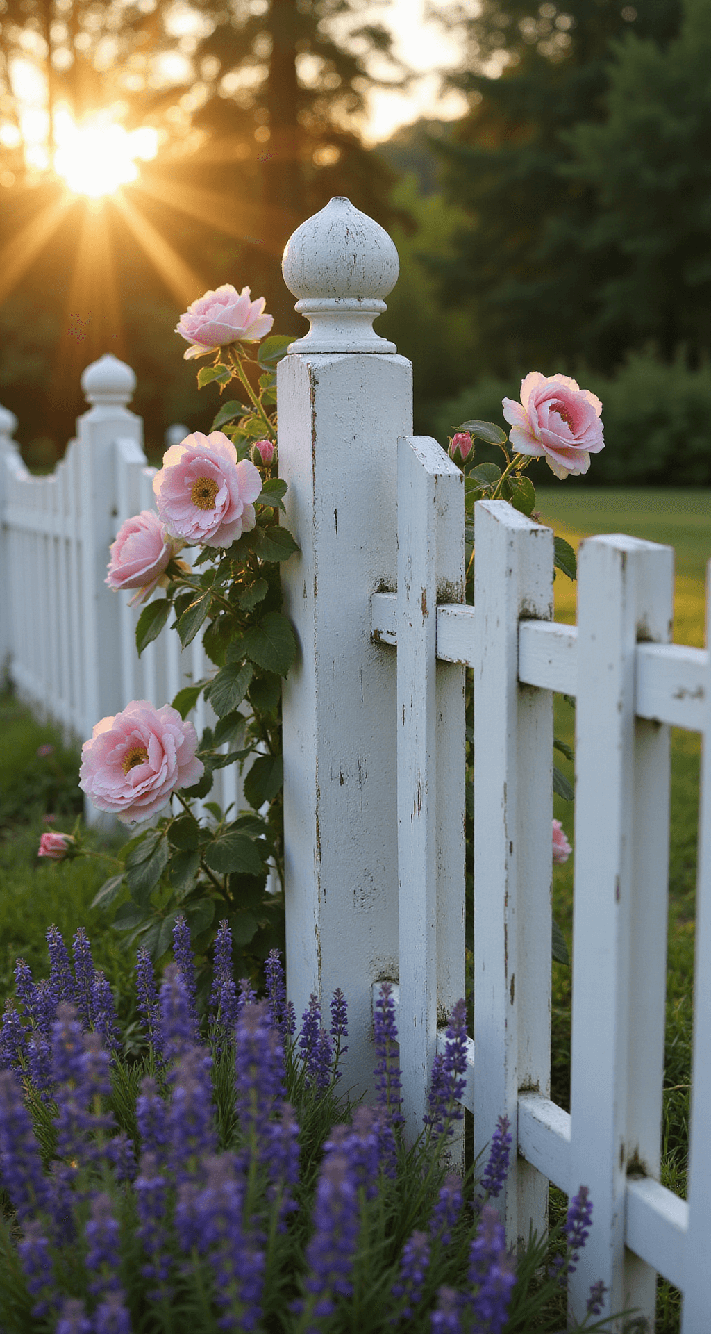 A weathered white picket fence at golden hour, extending through a cottage garden, adorned with soft pink 'New Dawn' roses and surrounded by lavender and catmint, with morning dew on cobwebs, shot at eye level with shallow depth of field and dreamy backlight.
