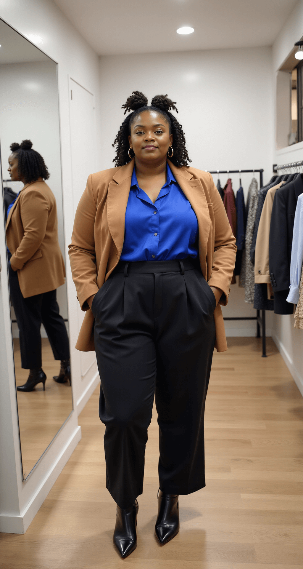 Plus-size woman in a bright boutique dressing room, trying on a sapphire blue silk blouse layered under a warm camel blazer, paired with high-waist black trousers and pointed-toe boots. Her natural twists frame her face, adorned with gold hoop earrings, captured in a full-length mirror shot with soft, even lighting.