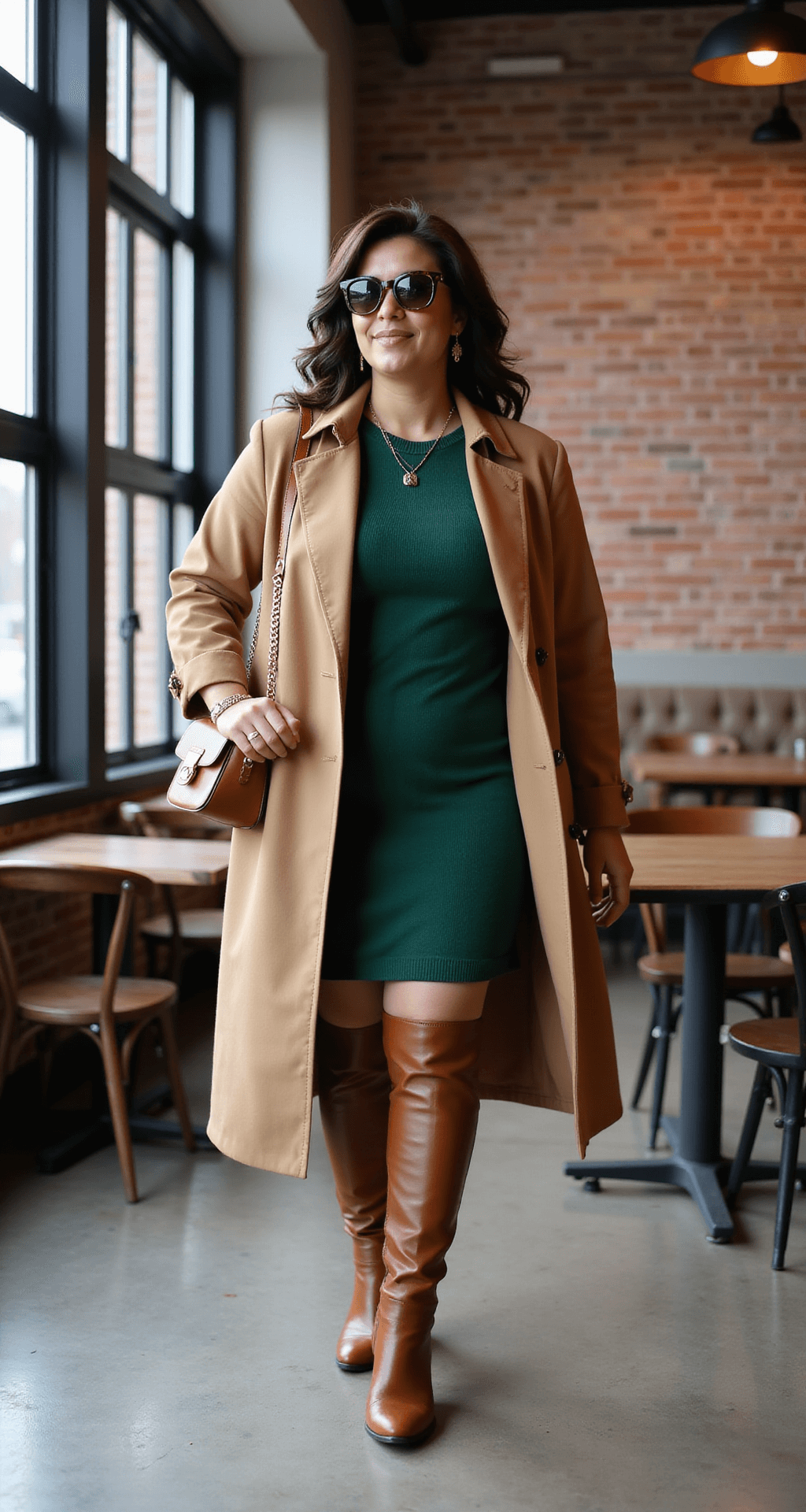 A plus-size influencer in an emerald green sweater dress and tan trench coat moves candidly in an industrial-chic coffee shop with exposed brick walls, complemented by cognac leather boots and a matching shoulder bag, adorned with tortoise shell glasses and mixed metal jewelry, as morning light casts dramatic shadows.