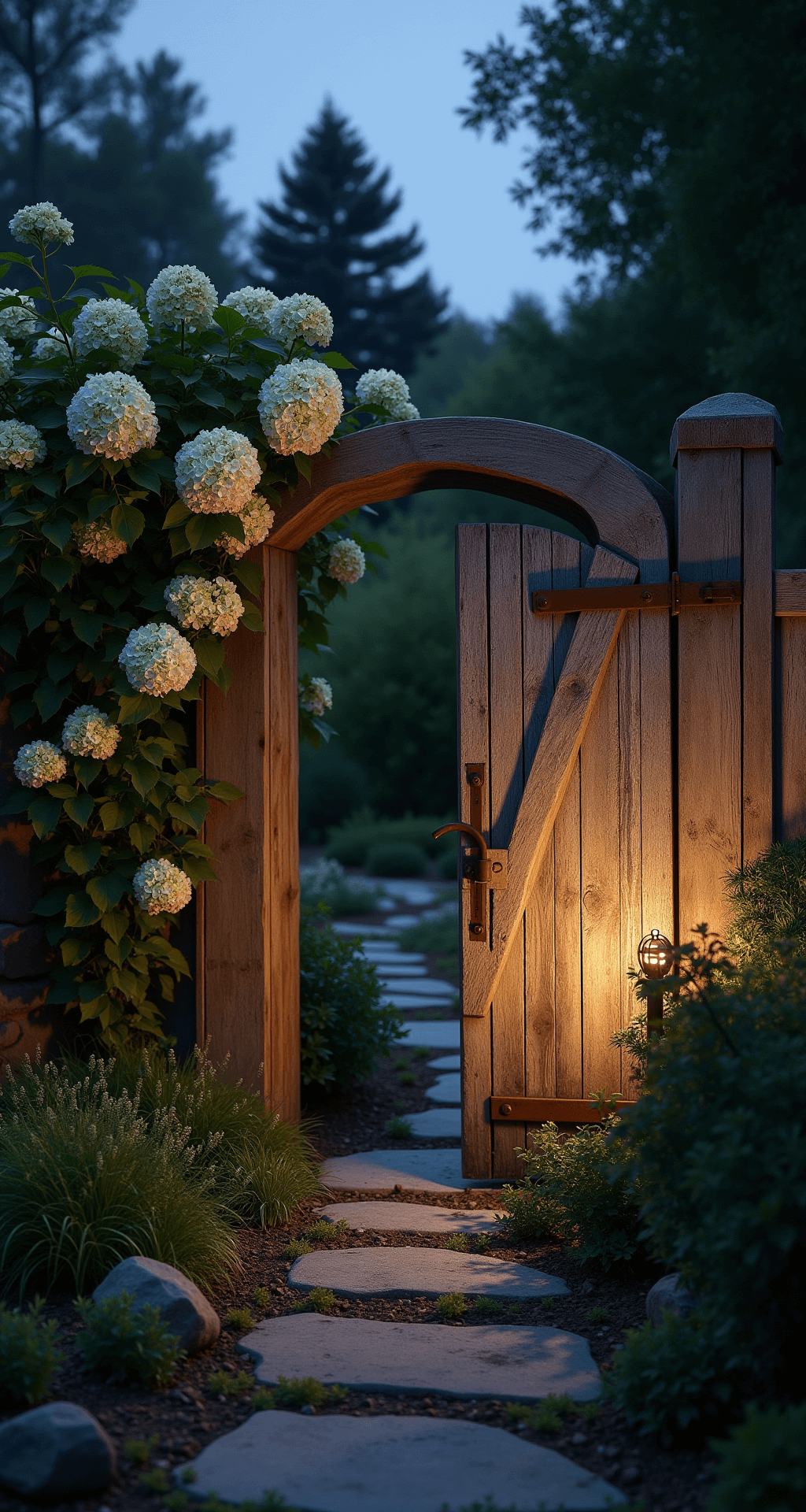 A tall rustic wooden garden gate made of reclaimed barn wood with rich gray and brown patina, adorned with climbing hydrangea in white bloom, and vintage iron hardware. A stone path leads through the gate, illuminated by LED lights, creating a moody atmosphere at twilight.