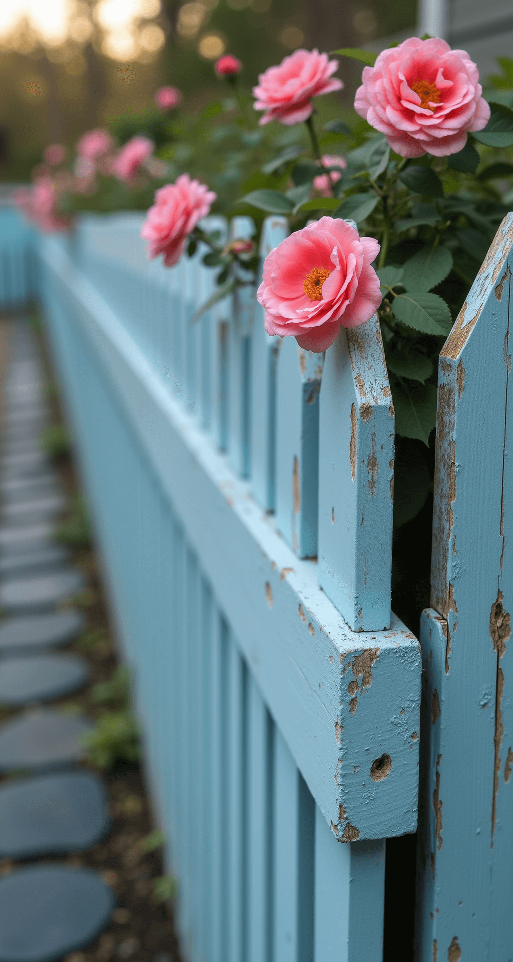 Close-up of a peeling pale blue painted cedar fence section with coral pink rambling roses above, set against a Delaware blue slate path, enveloped in morning mist. The macro shot highlights the texture of the paint and wood grain, with soft diffused light accentuating the color variations.
