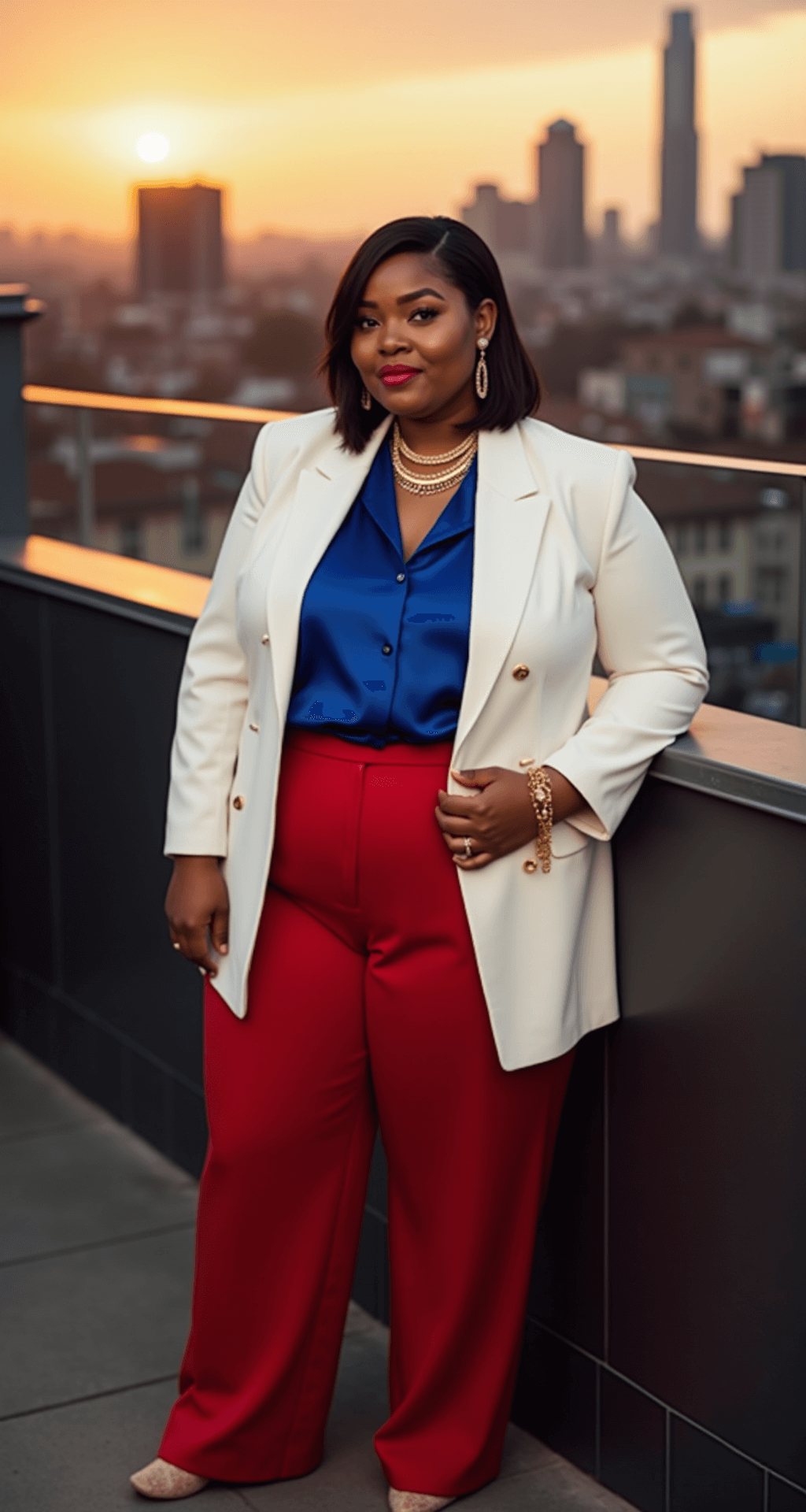 A plus-size model in a jewel-tone color-blocked outfit featuring ruby red wide-leg pants, a sapphire blue silk blouse, and a structured white blazer poses on a sunset-lit rooftop terrace with a city skyline backdrop. She accessorizes with layered gold necklaces and oversized hoop earrings, while her hair is styled in a sleek bob. The image showcases dramatic lighting captured with an 85mm lens at f/2.0.