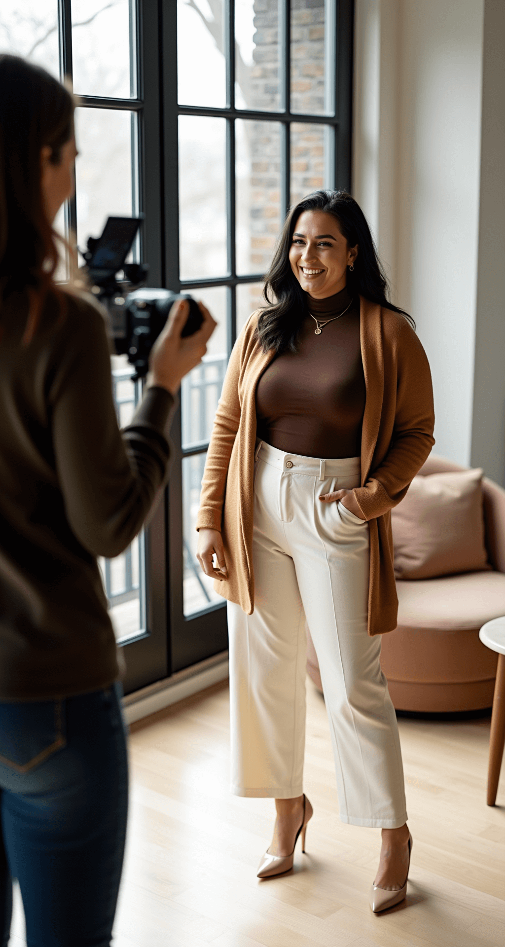 A plus-size content creator films a styling video in a modern home office with floor-to-ceiling windows, dressed in earthy tones featuring a chocolate brown turtleneck, camel cardigan, and cream wide-leg trousers, complemented by gold-tone accessories and nude pumps, showcasing rich textures under natural light.