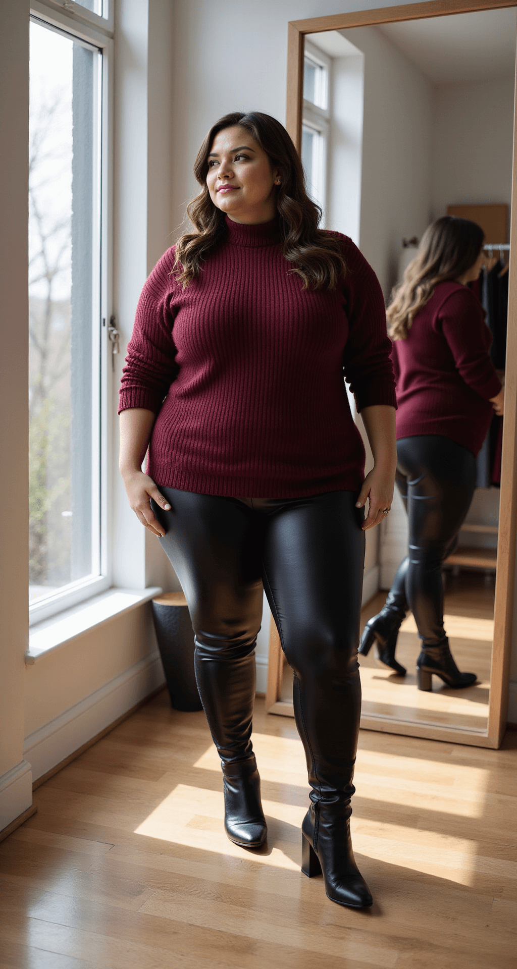 A plus-size model in a cozy, sun-lit bedroom stands before a full-length mirror, styling a burgundy turtleneck sweater with faux leather leggings, surrounded by a curated collection of winter essentials in rich jewel tones.