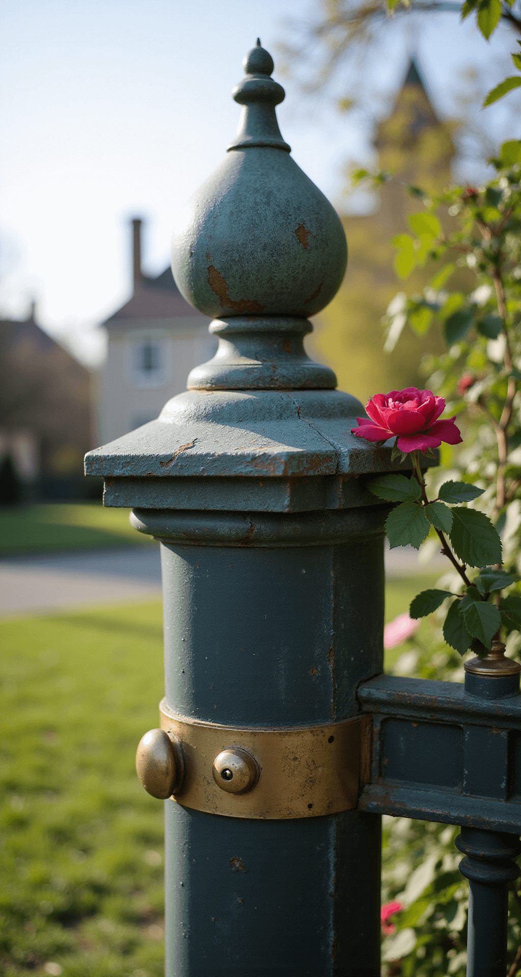 Close-up of a weather-worn Victorian gate post with an ornate finial, aged copper cap showing verdigris patina, and gleaming antique brass hardware, illuminated by soft spring morning light, while a Rosa 'Climbing Iceberg' rose begins to climb nearby; macro photography highlights intricate details and textures with a shallow depth of field.