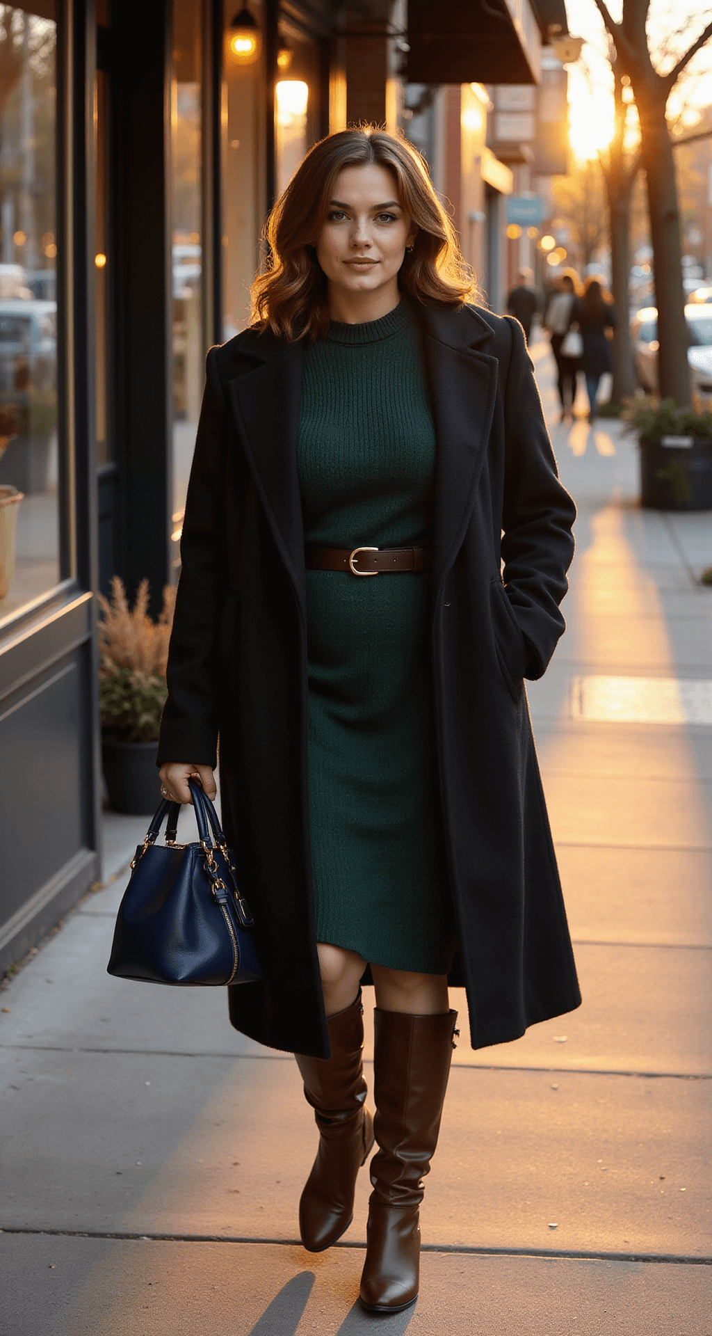 A plus-size model confidently walks past boutique windows in a charming urban setting during golden hour, wearing a fitted black wool coat with a belt detail, a forest green sweater dress, and knee-high brown leather boots, with a deep navy designer handbag. Warm sunset lighting casts dramatic shadows, highlighting the coat's texture.