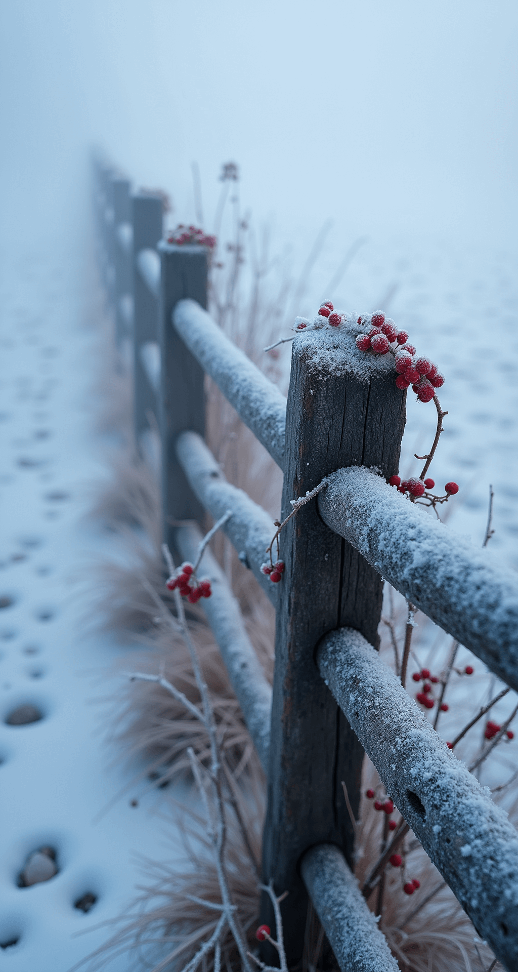 A winter scene featuring a rustic split-rail fence disappearing into fog, frost crystals on cedar rails, delicate clematis vines, and red holly berries, with snow drifts softening the ground, captured from a low angle with diffused winter light.
