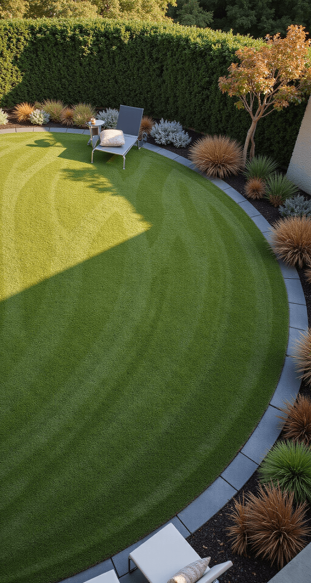 Aerial view of a circular lawn surrounded by a contemporary garden, featuring dewy grass, a dark gray slate border, modern aluminum loungers, and ornamental grasses, illuminated by early morning golden light and enveloped in cool mist.