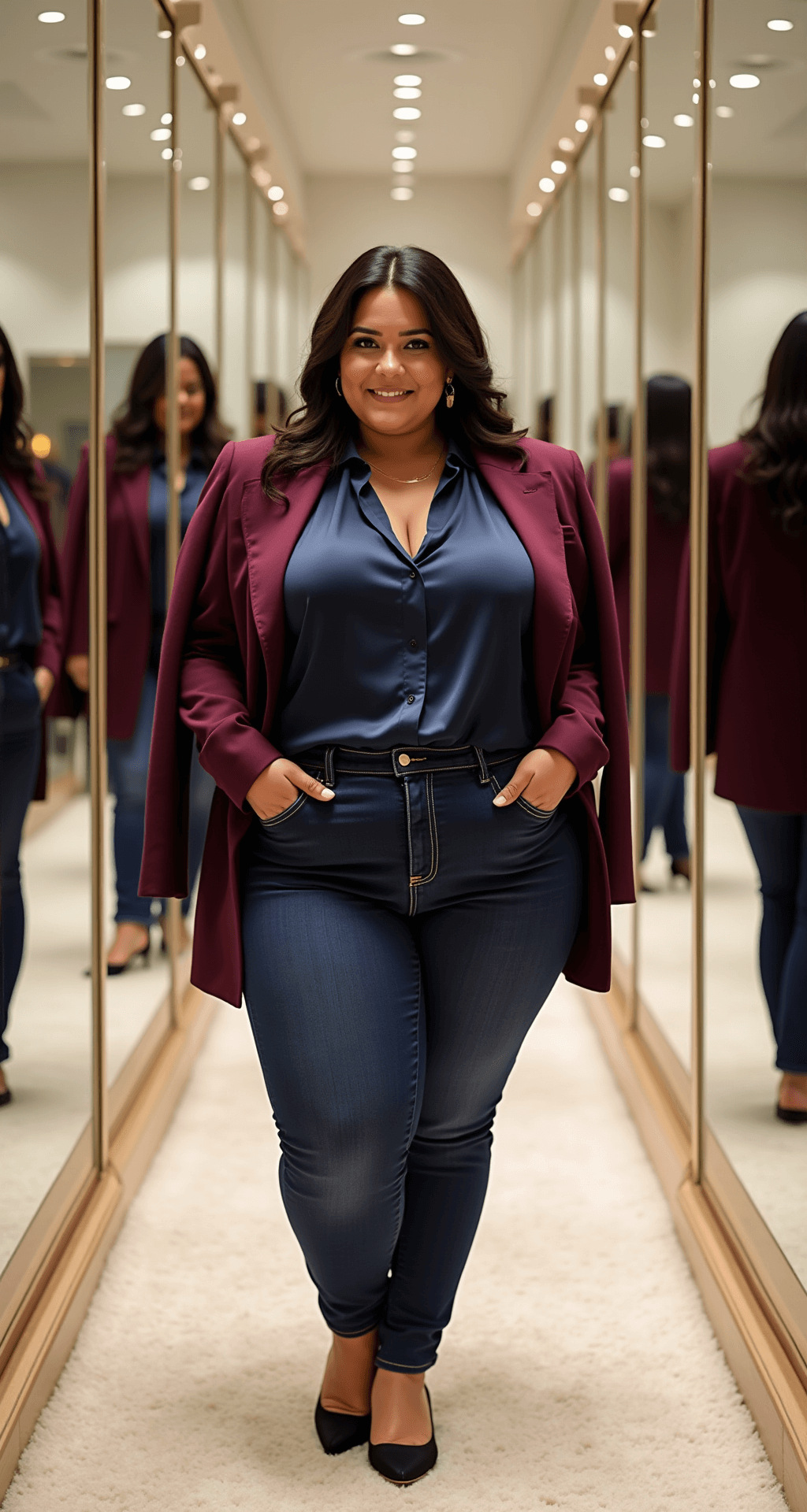 A plus-size model showcases a luxurious winter outfit in a bright boutique dressing room, featuring dark wash high-waisted jeans, a silky navy blouse, and a structured deep plum blazer, with multiple mirrors reflecting the ensemble in soft, diffused lighting.