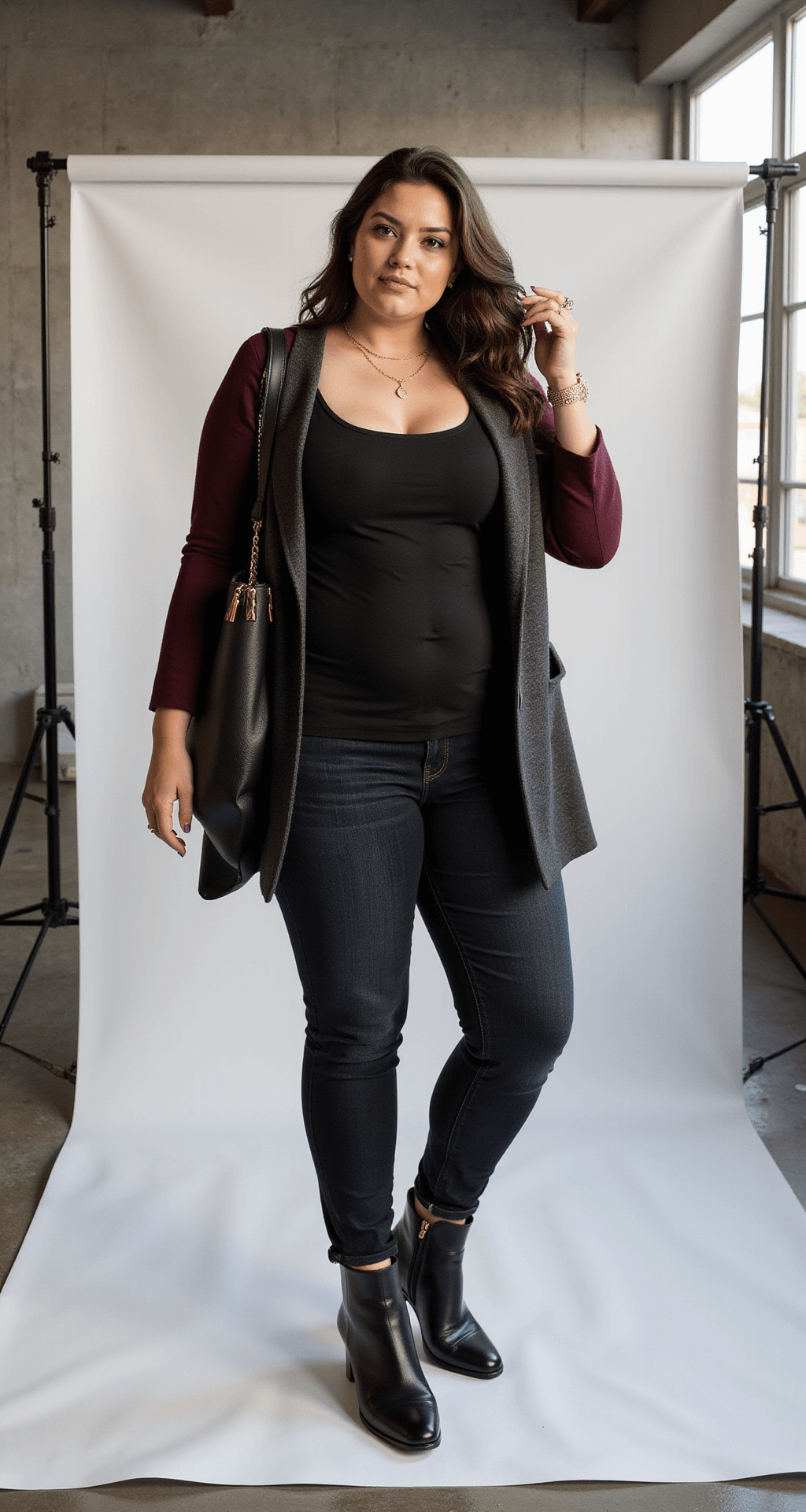 A plus-size model wearing a fitted black tank top, burgundy cardigan, and tailored charcoal blazer poses in a minimalist studio with concrete floors and a white backdrop, illuminated by natural light from industrial windows. She completes her look with dark-wash skinny jeans, ankle boots, delicate gold jewelry, and a structured leather tote, captured in a fashion editorial style with a 70-200mm lens at f/4.0.
