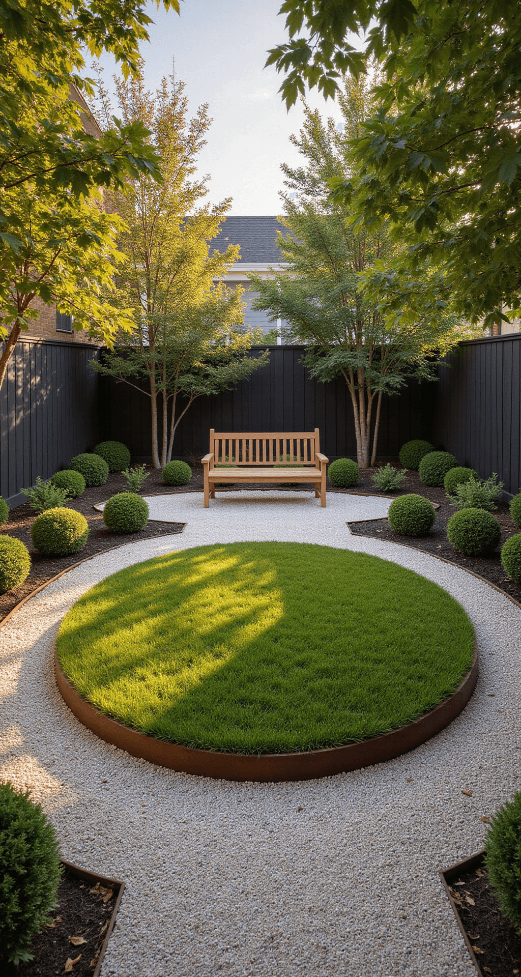 Intimate ground-level view of a circular urban courtyard lawn surrounded by Japanese maples in warm evening light, featuring Corten steel edging, white pea gravel, low boxwood spheres, and a teak bench at the far edge.
