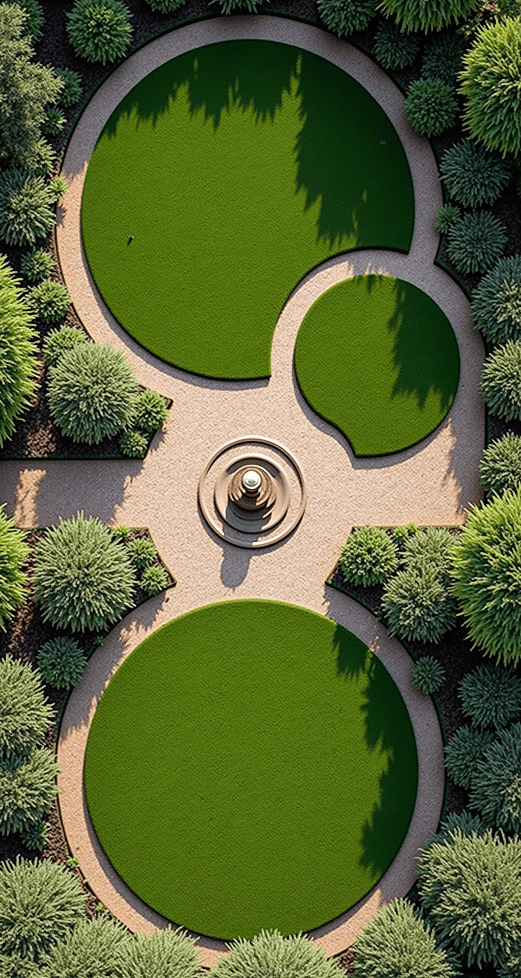 Bird's eye view of a sophisticated garden design featuring interlocking circular lawns of 15ft, 12ft, and 10ft diameters, with limestone gravel paths, lavender borders, and an antique stone fountain at the center. Natural sandstone edging defines each lawn, captured from an elevation of 25ft with a 35mm lens.