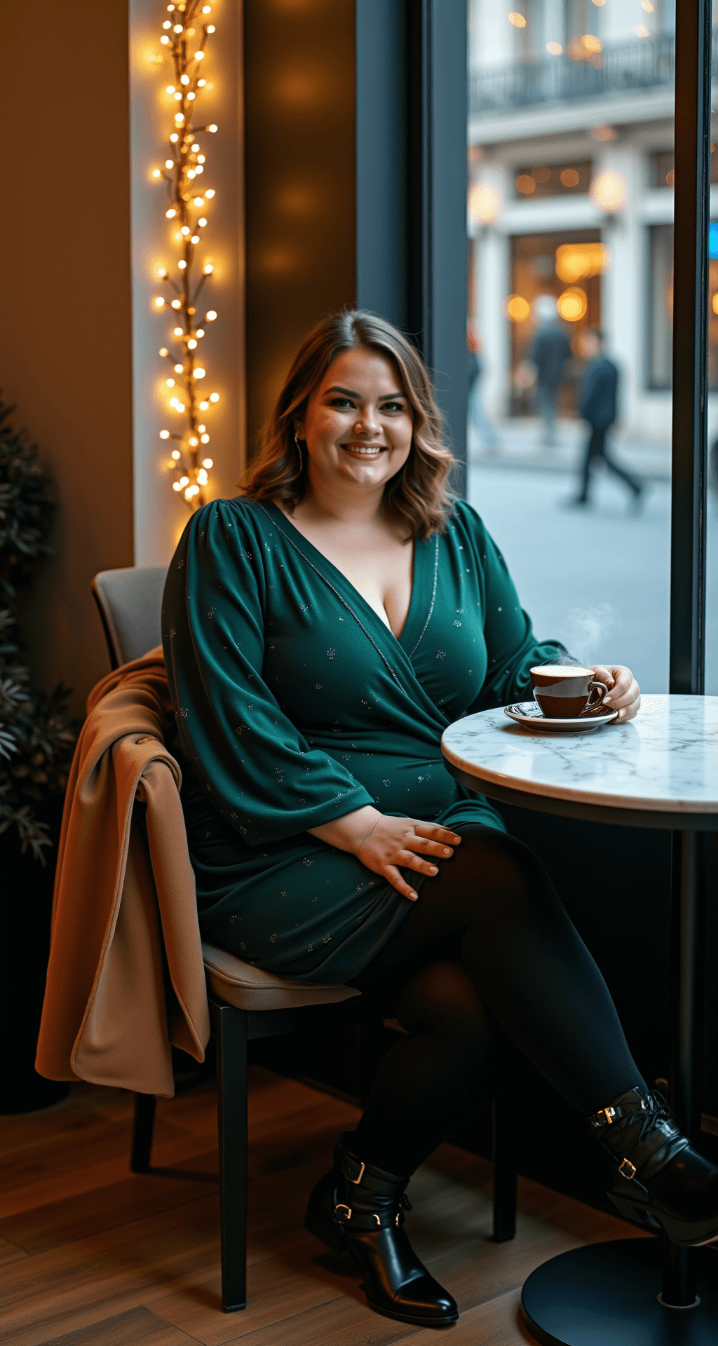 A plus-size model in a sophisticated forest green wrap dress sits at a marble table in a cozy cafe corner, with a camel coat draped over her chair. String lights twinkle in the blue hour, and steam rises from her coffee cup, creating a warm and inviting atmosphere.
