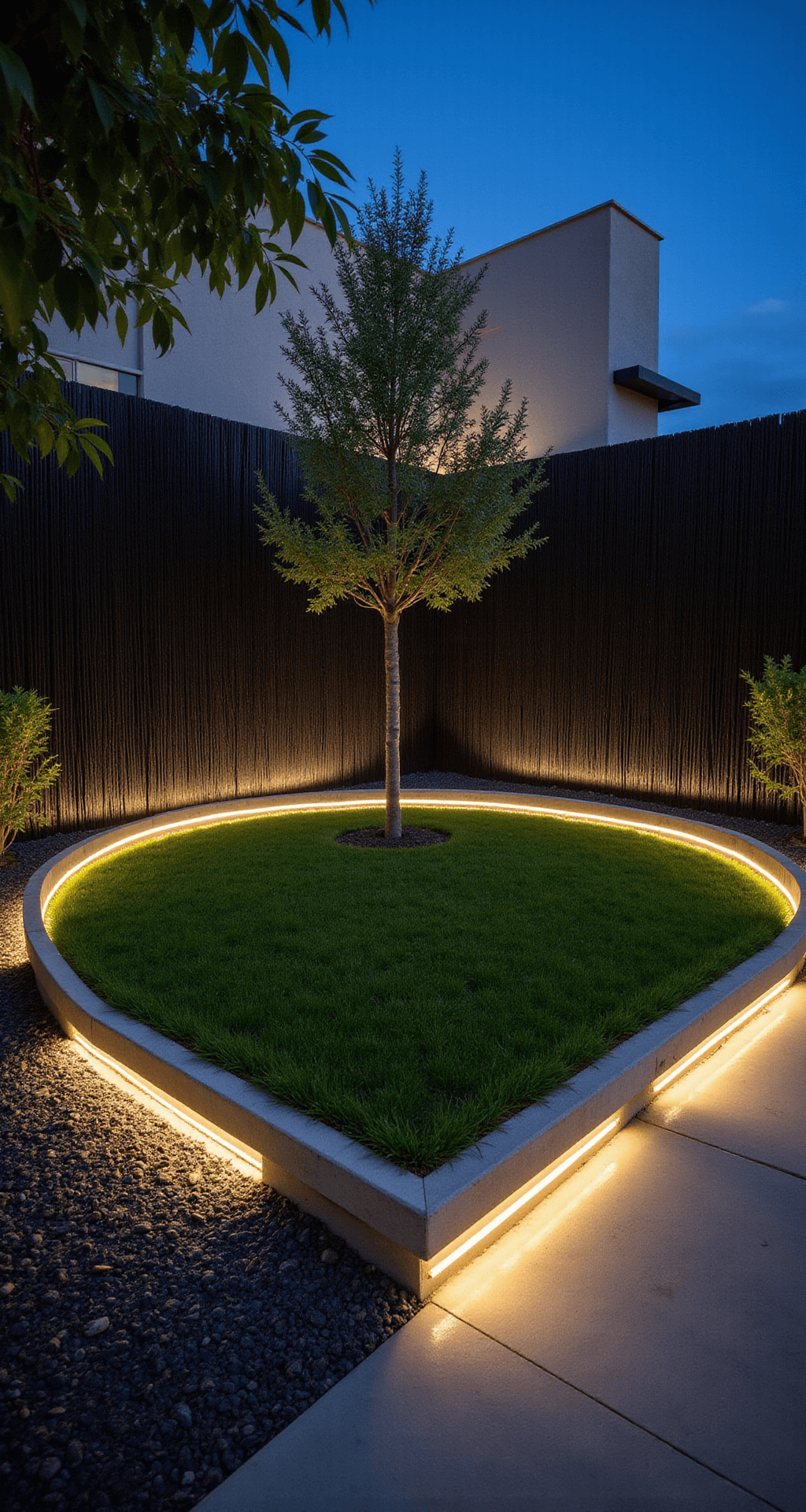 A twilight view of a minimalist circular lawn surrounded by polished concrete edging and charcoal crushed granite, featuring LED uplighting on a black bamboo backdrop and a single sculptural olive tree offset from the center, captured from a low angle with a wide-angle lens to enhance the mood.