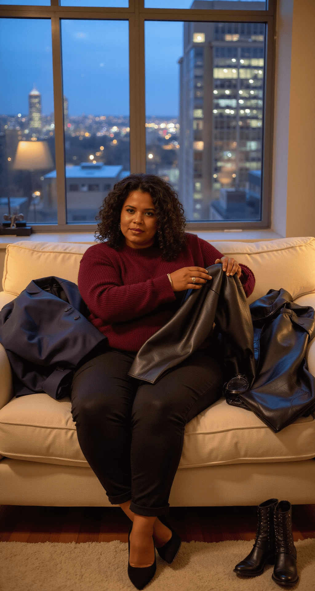 A contemporary living room featuring floor-to-ceiling windows with city lights at dusk, showcasing a plus-size model arranging a winter wardrobe capsule collection of burgundy sweaters, navy blazers, and black faux leather pieces on a cream sofa, with metallic accessories and boots organized nearby, all bathed in warm lamp lighting.