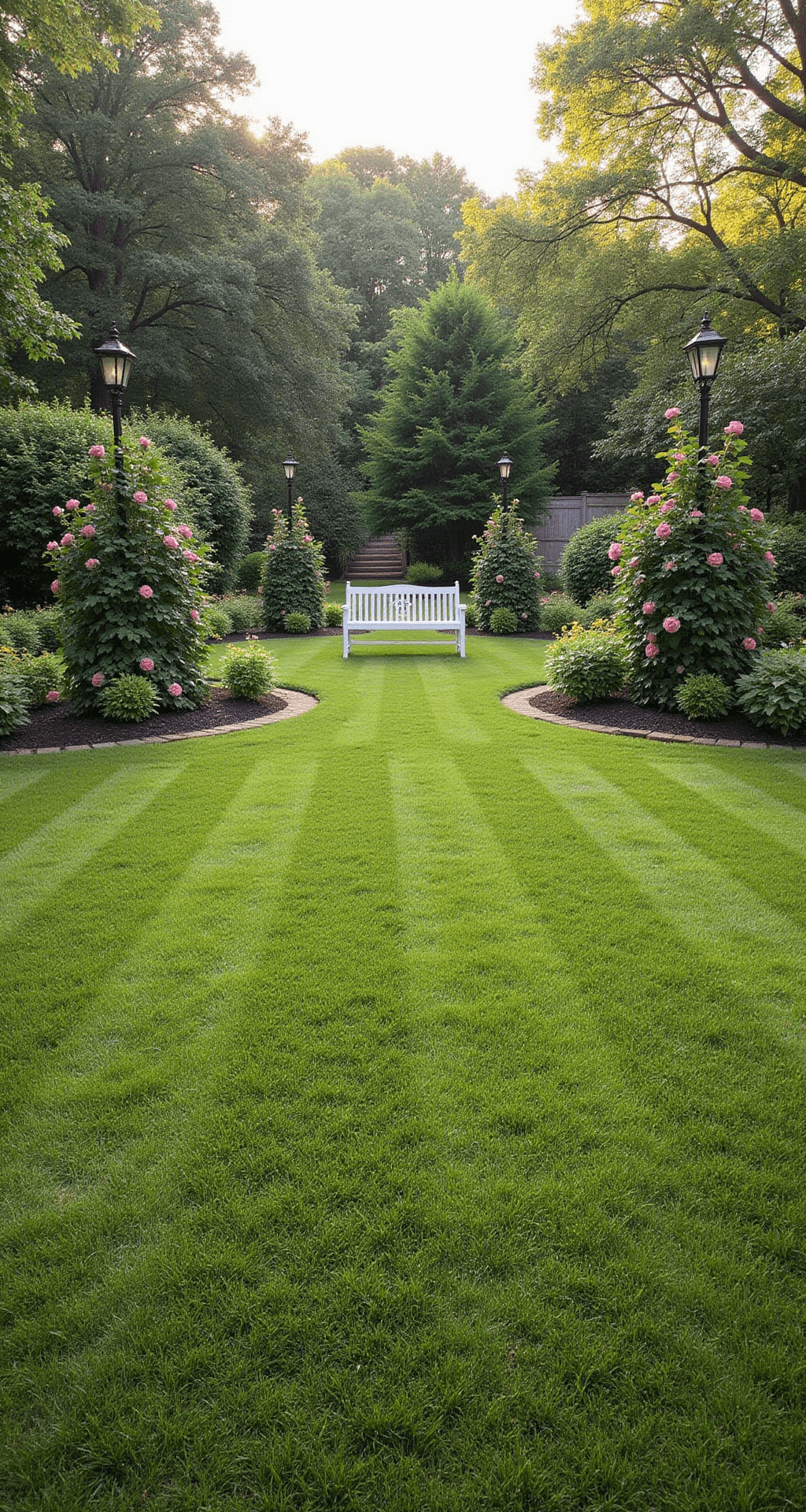 A traditional English garden at dawn featuring a circular lawn surrounded by cottage plants, with dew-covered grass and reclaimed brick edging. A white garden bench sits at the north edge, flanked by climbing roses on iron obelisks at each cardinal point.
