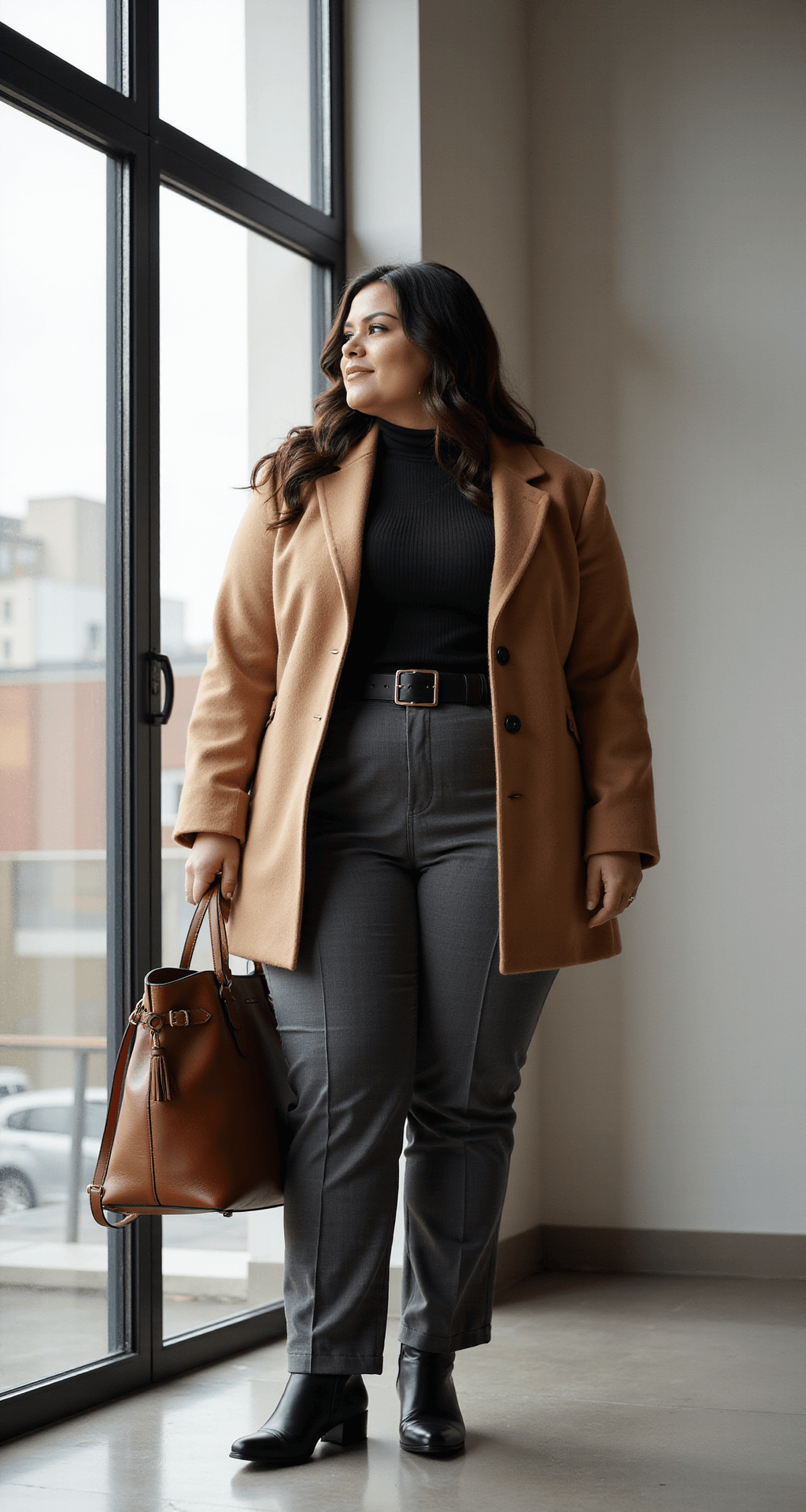 A plus-size model in a sunlit minimalist office, wearing a layered winter work outfit with a black turtleneck, structured camel blazer, and high-waisted charcoal trousers, captures a candid moment by floor-to-ceiling windows. Natural light enhances the luxurious textures of her outfit, with a professional leather tote and elegant ankle boots nearby. The image features shallow depth of field, emphasizing her sophisticated layering style.
