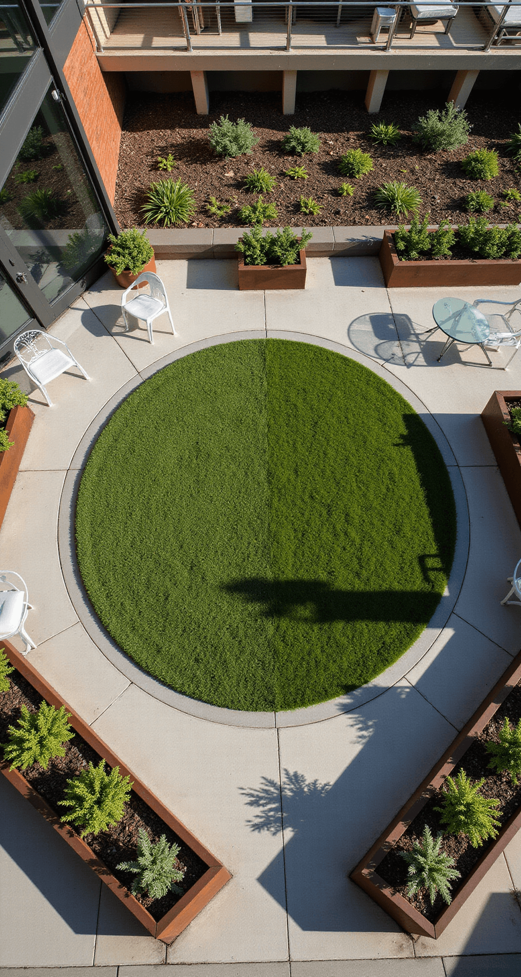 Overhead view of a modern rooftop garden featuring a circular lawn, cor-ten steel planters casting shadows, brushed stainless steel edging, and asymmetrical arrangement of ghost chairs and glass side tables, with drought-tolerant sedums surrounding the area, captured with a telephoto lens to highlight the urban setting.