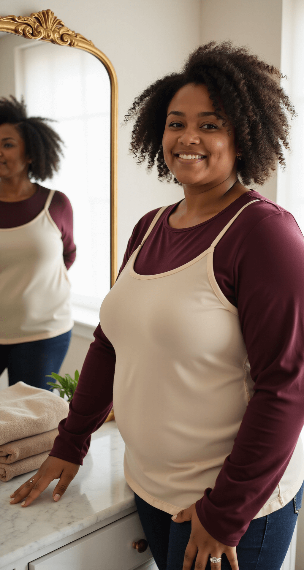 Close-up of a plus-size woman in a cozy dressing area, styling a cream thermal camisole and burgundy long-sleeve top, with a white marble dresser displaying neatly folded neutral basics and a gold-framed mirror reflecting warm morning light.