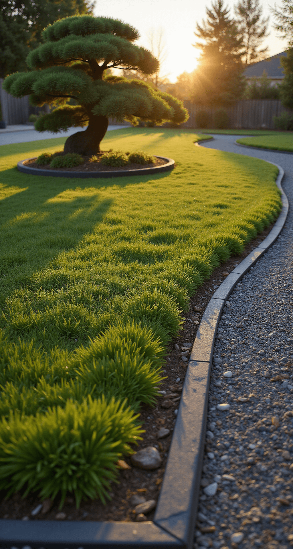 Ground-level view of a small circular lawn surrounded by raked gravel at sunset, featuring a black granite edge and a sculptural cloud-pruned pine, with a moss garden below showcasing subtle colors.