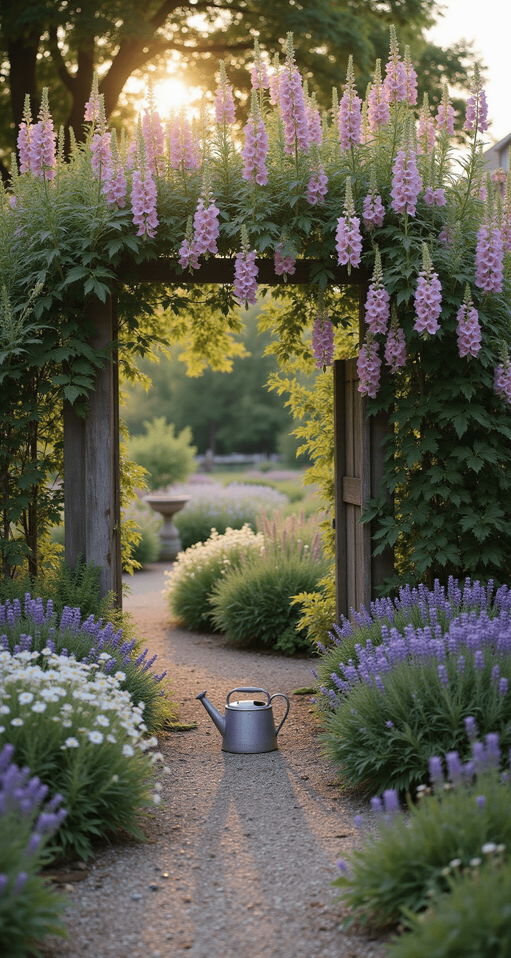 A dreamy cottage garden at golden hour, featuring a winding gravel path through dense plantings of foxgloves, hollyhocks, and cascading climbing roses. A vintage zinc watering can rests in a foreground of purple catmint and white daisies, all bathed in warm honey tones of the setting sun.