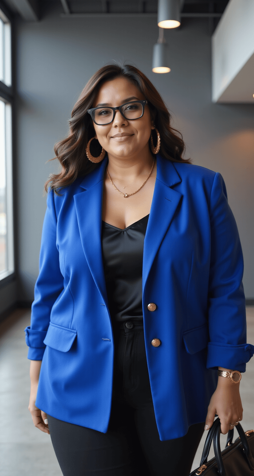 A plus-size professional confidently walks through a modern gray office, wearing a cobalt blue statement blazer over a black silk shell, complemented by gold accessories and holding a structured black leather briefcase, shot from a low angle to emphasize a power pose under dramatic natural lighting.