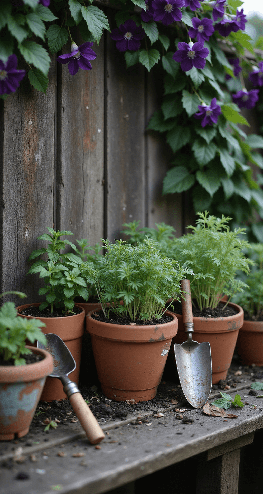 Close-up of a rustic potting bench with vintage terracotta pots filled with herbs, against a weathered fence draped in deep purple clematis, featuring an antique hand trowel amidst scattered soil and leaf debris, captured in soft, diffused mid-morning light.