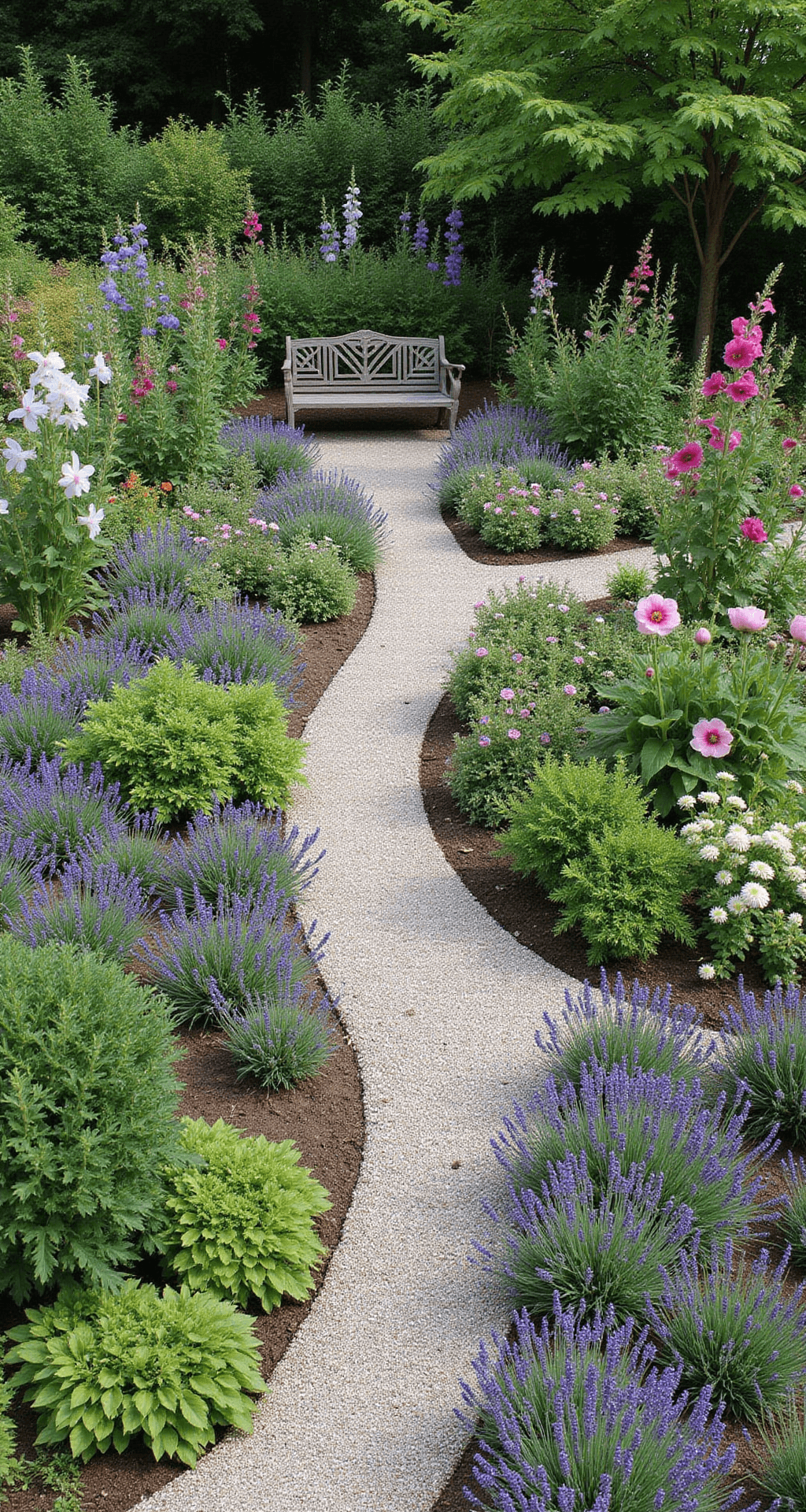 Aerial view of a cottage garden in morning light, featuring curved gravel paths and layered plantings with tall delphiniums and hollyhocks at the back, mid-height peonies and salvias in the middle, and creeping thyme with low-growing flowers at the edges. A weathered iron bench surrounded by lavender adds a cozy seating area, while vibrant flower colors are unified by lush green foliage and grey gravel.