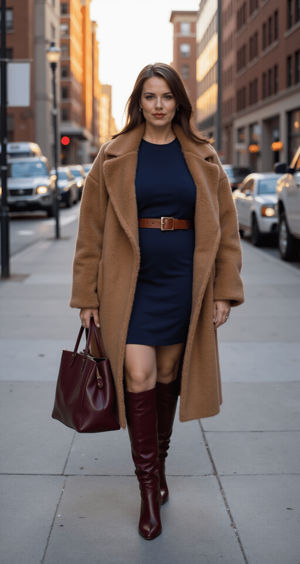A plus-size model stands at an urban street corner during golden hour, wearing a navy ponte dress beneath a camel hair coat, cinched with a wide leather belt. She accessorizes with burgundy leather boots and a matching oversized tote, illuminated by soft sunset lighting against a city backdrop.